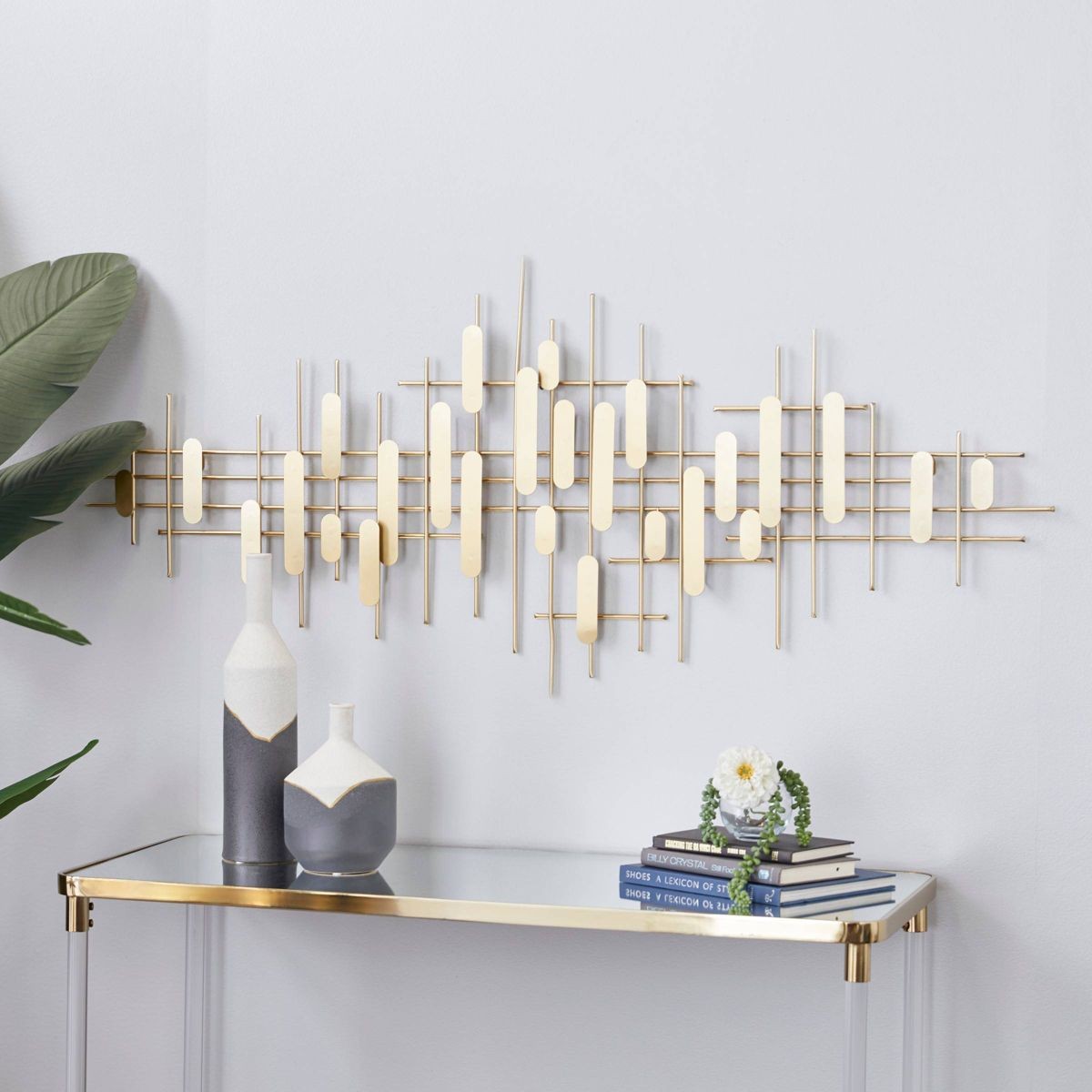 CosmoLiving Gold Metal Geometric Narrow Stripes Wall Decor Iron Modern Art
