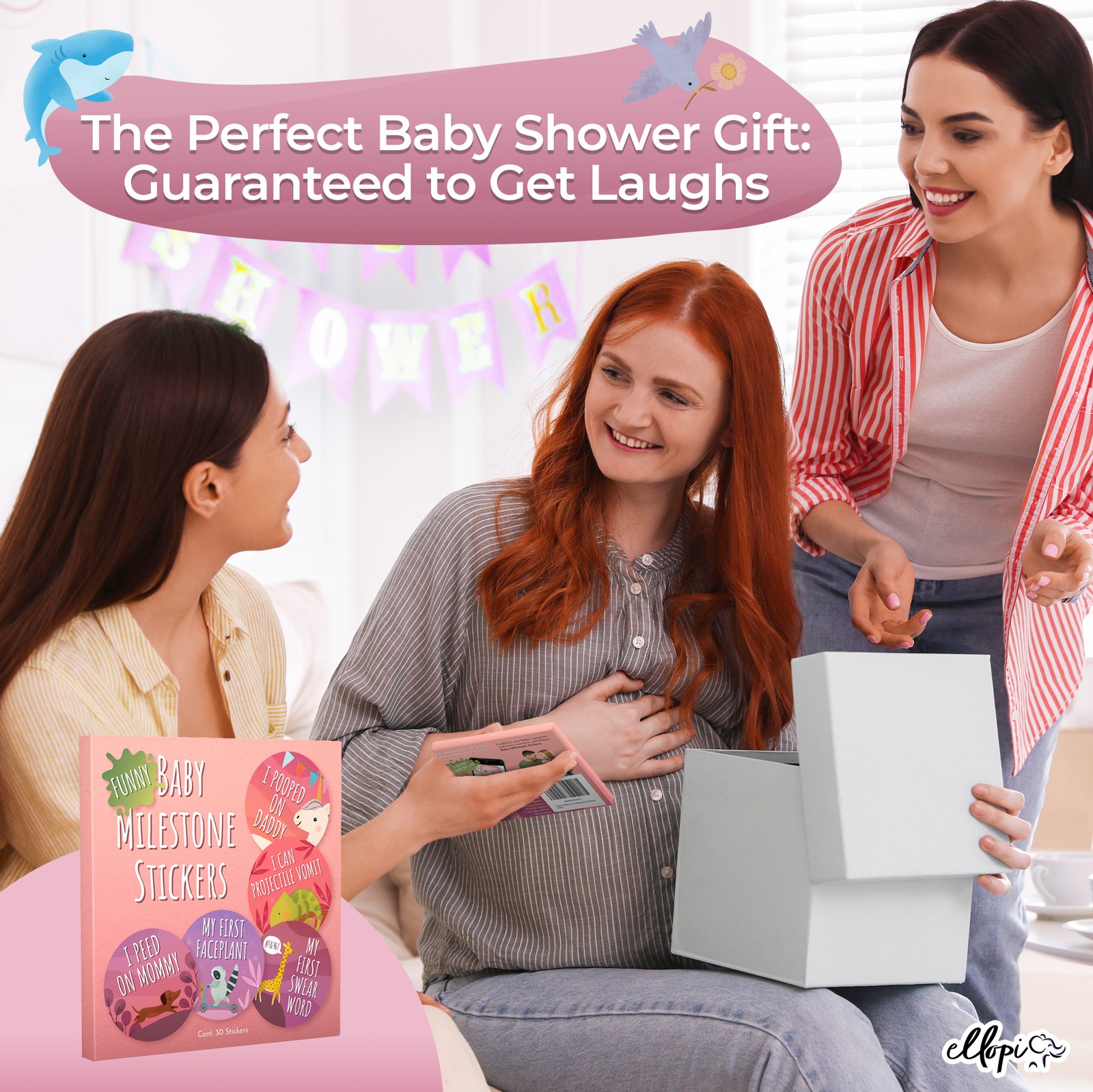 Ellopi 4" Funny Baby Girl Milestone Photo Prop Stickers, 30 Pack