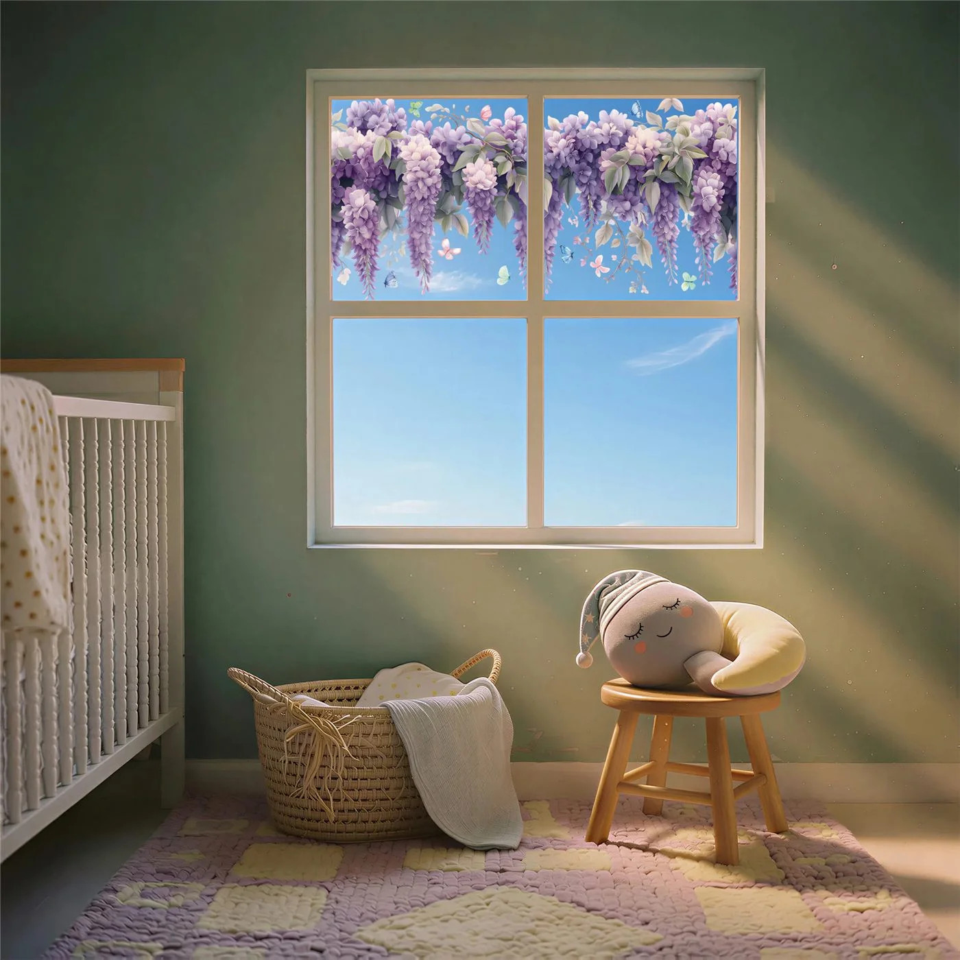Hanging Wisteria Window Cling 24×12 in Purple Floral Static Cling Bird Safe