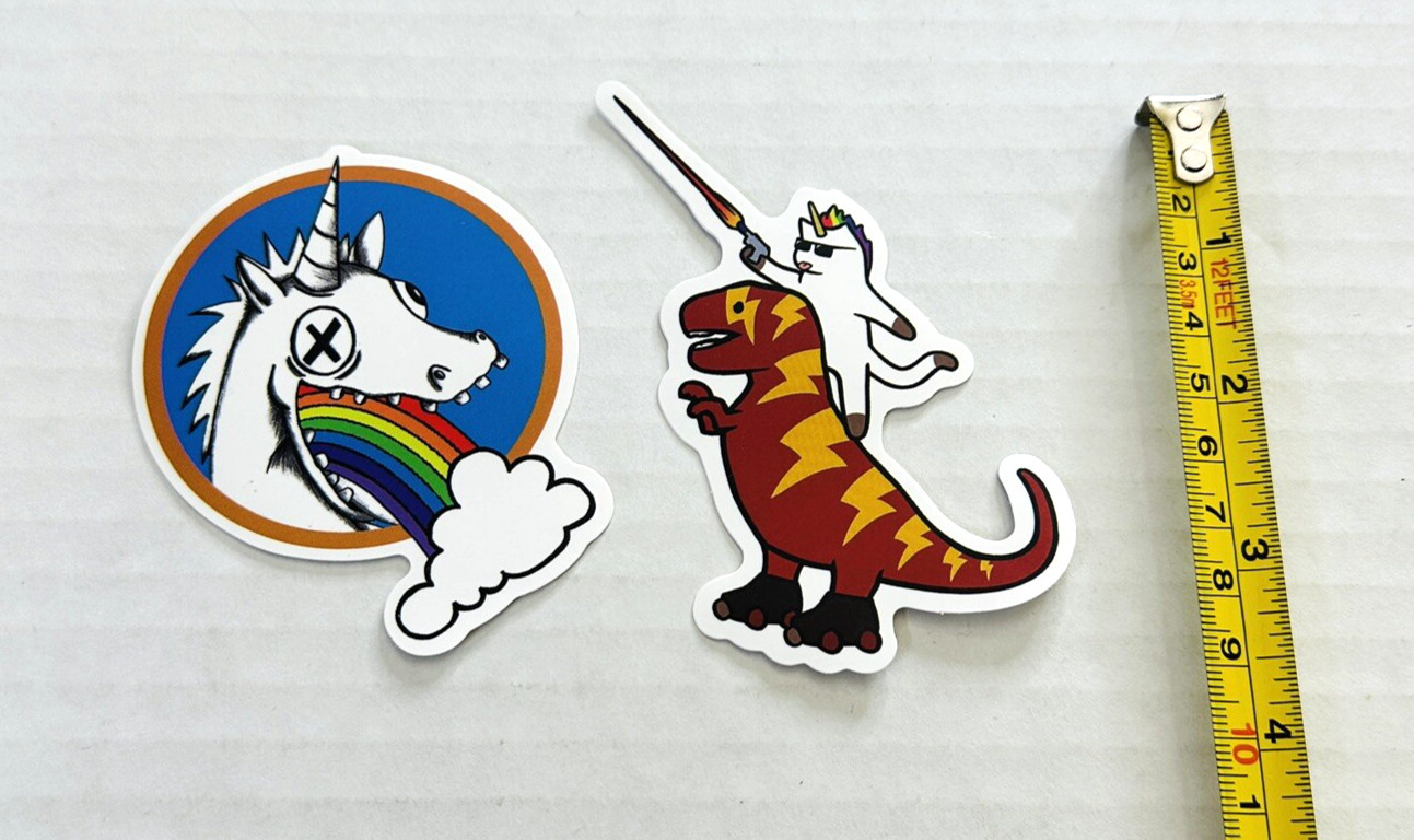 NEW Unicorn Dinosaur Rainbow Decals Stickers (2) Skateboard Travel Mug Laptop