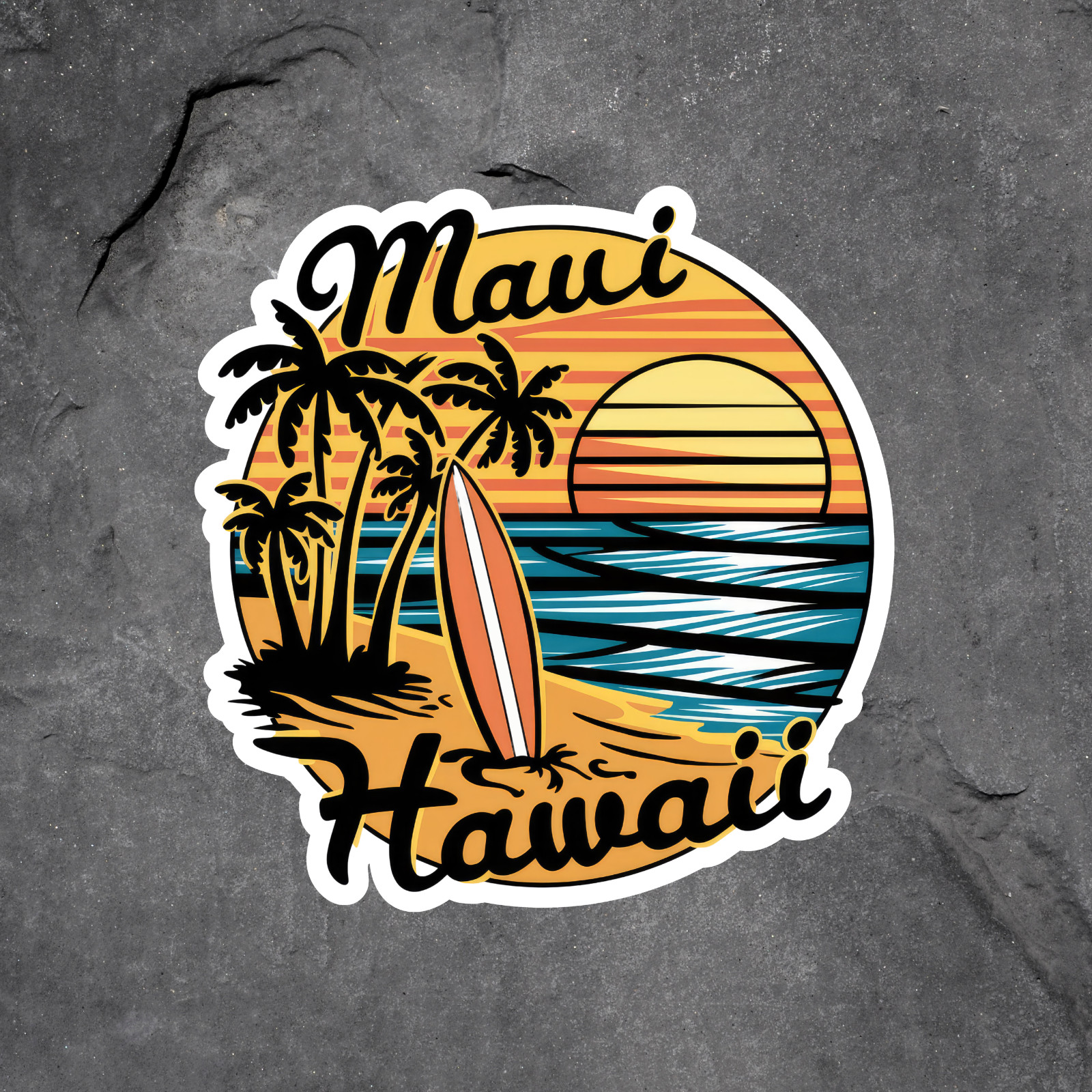 Hawaii Sticker Vinyl Decal Maui Sunset Beach Palm Trees Surfboard Retro