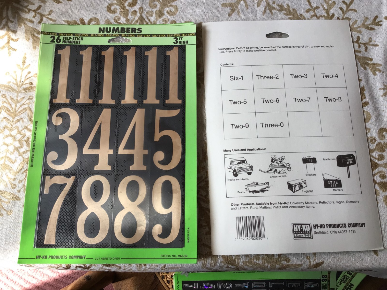 LOT OF 3 Hy-Ko Products Self Stick Adhesive Numbers 3" Black and Gold – New