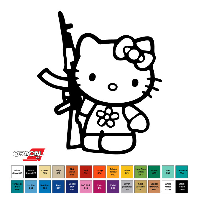 Hello Kitty with AK-47 Permanent Vinyl Sticker Decal 6" x 5.25" CHOOSE COLOR