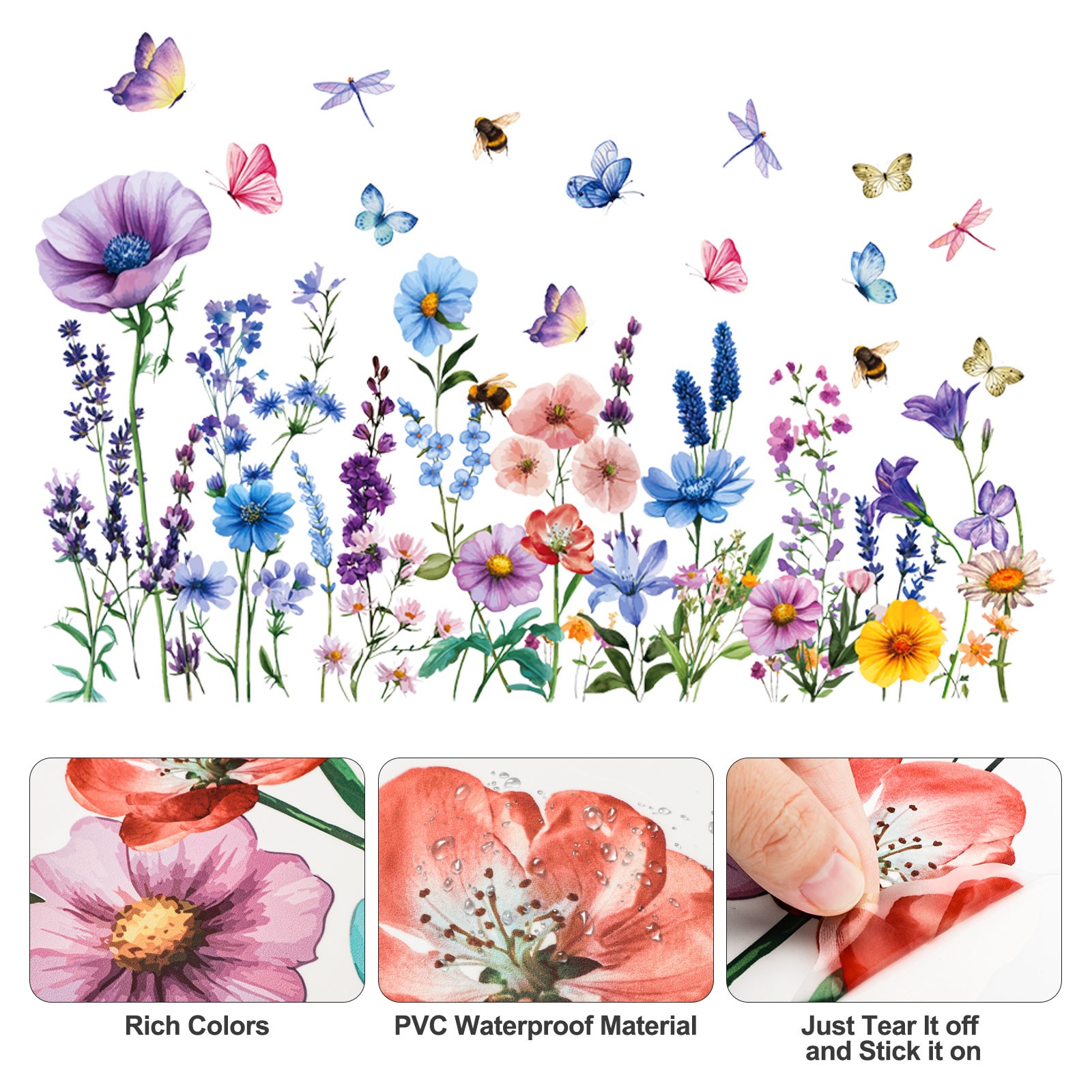 Watercolor Dragonfly Floral Wall Decals Stickers Peel Stick Waterproof Removable