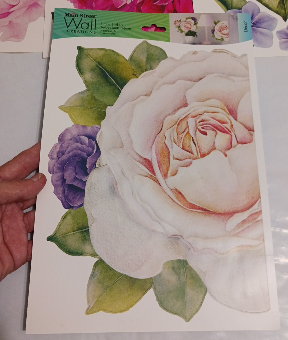 Wall Decal stickers Jumbo 10" Flowers. Rose + Pink. 6 sets Peel and stick floral
