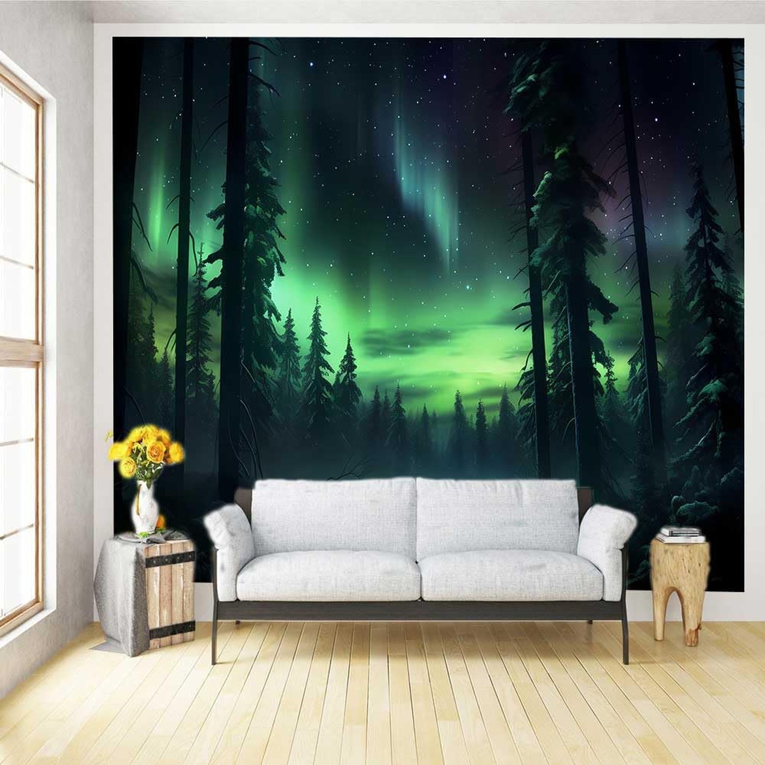 Northern Lights Forest Tapestry100x90 Inches Aurora Borealis Misty Pine Trees…