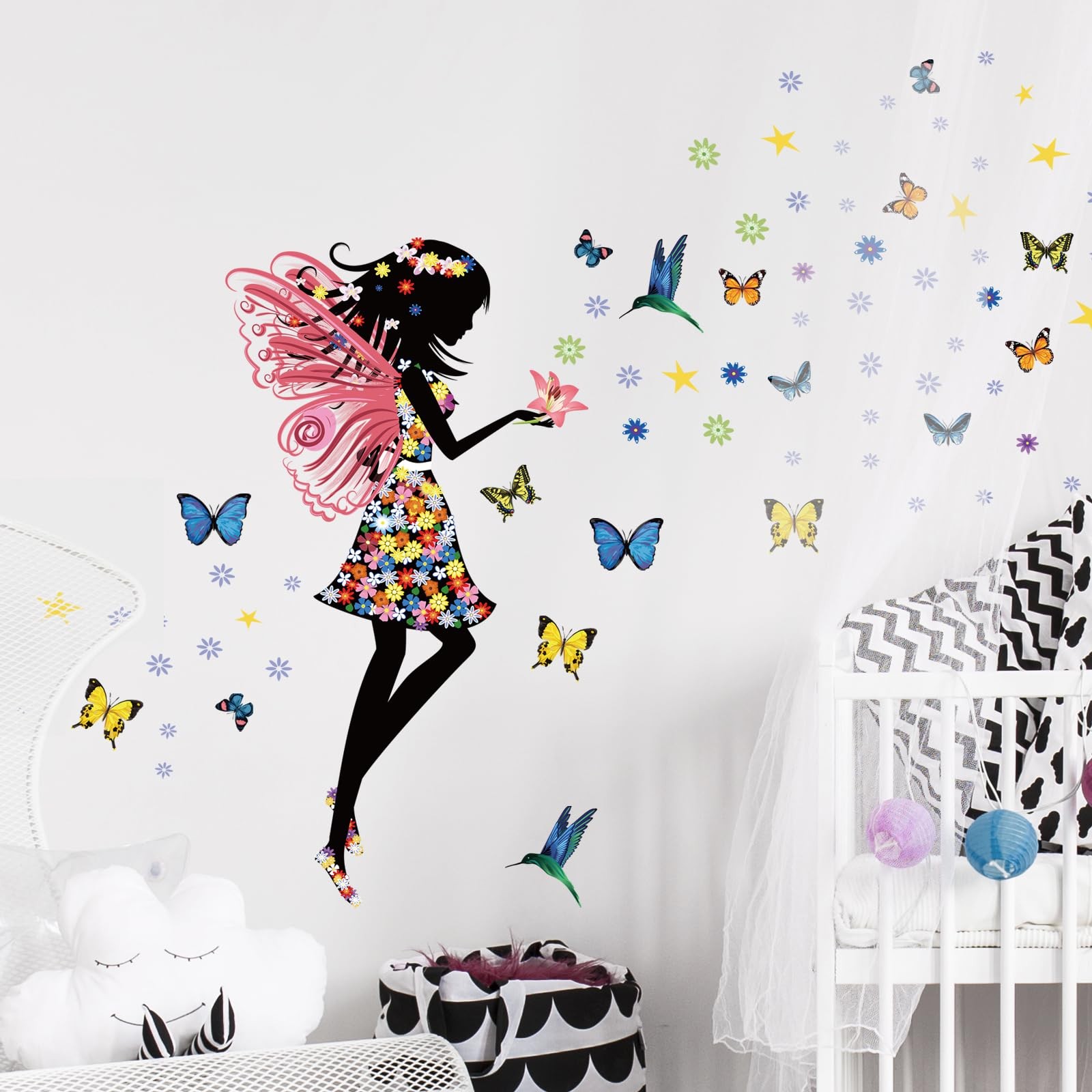 Butterfly Girl Wall Sticker – Colorful Fairy Wall Decal, Floral DIY Removable…