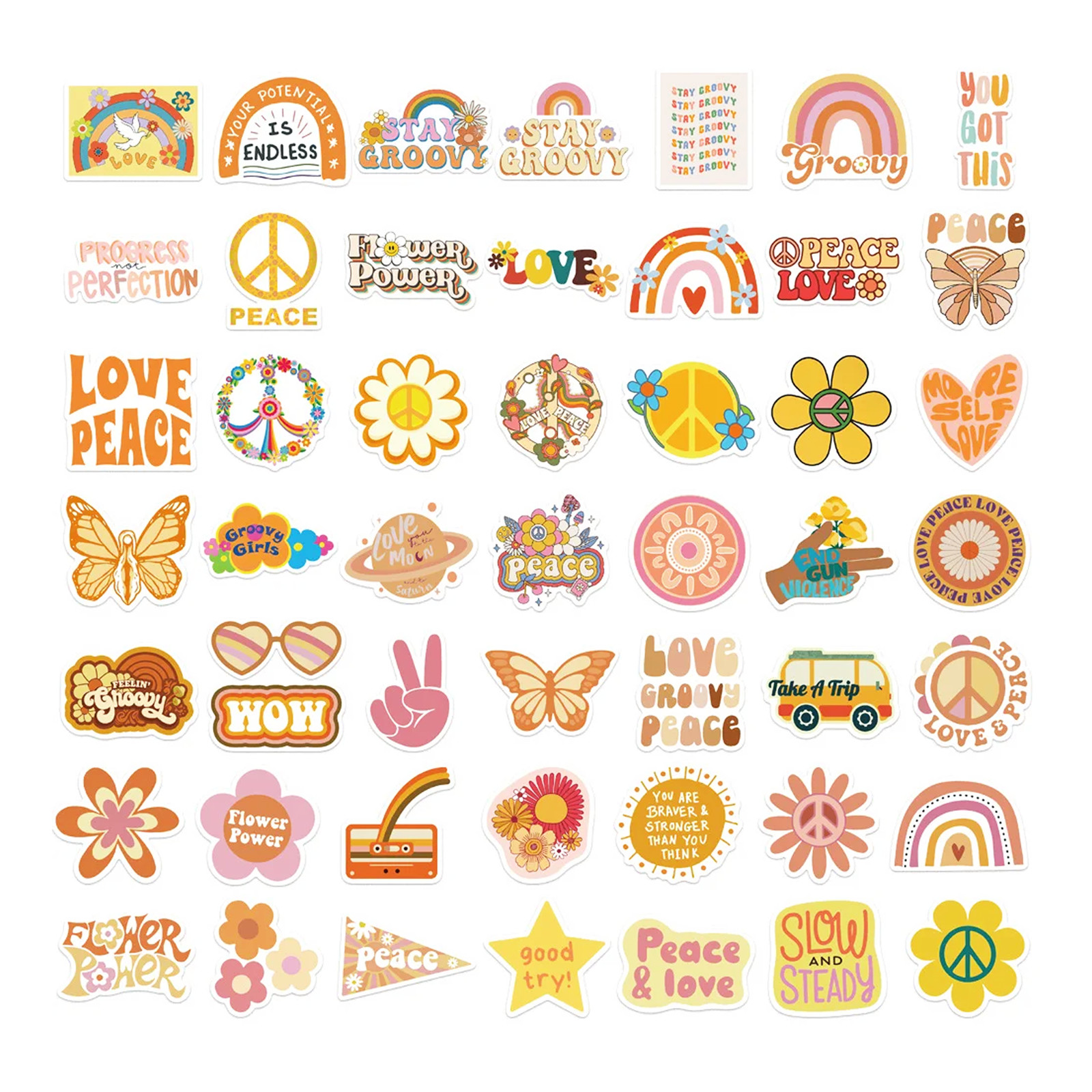 50 PCS Groovy Hippie Sticker Pack Peace Love Positive Vibes Boho Crafts Stickers