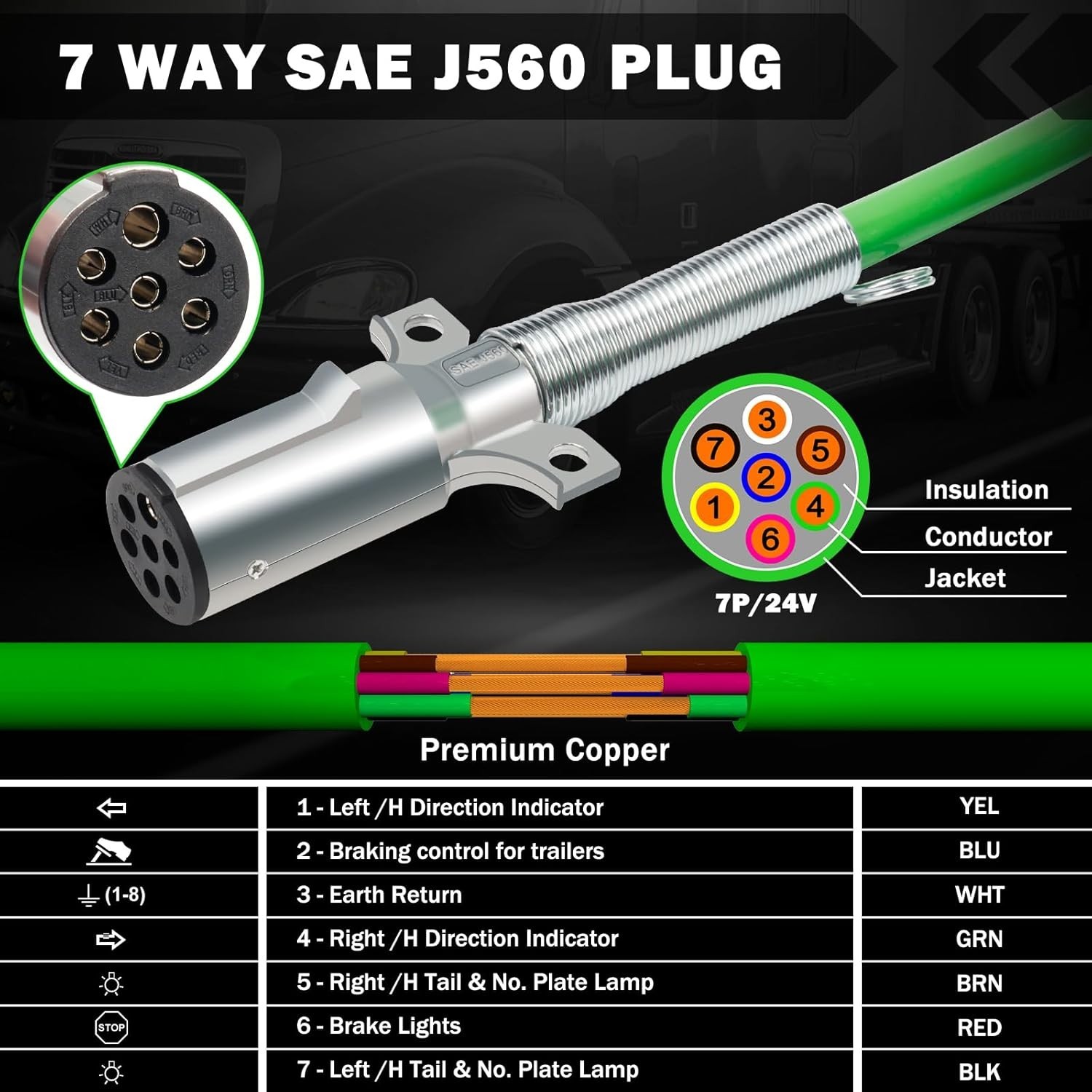 15 Ft Coiled Air Brake Hoses & ABS Electrical Power Wire Assembly Kit 3 in 1 Sem
