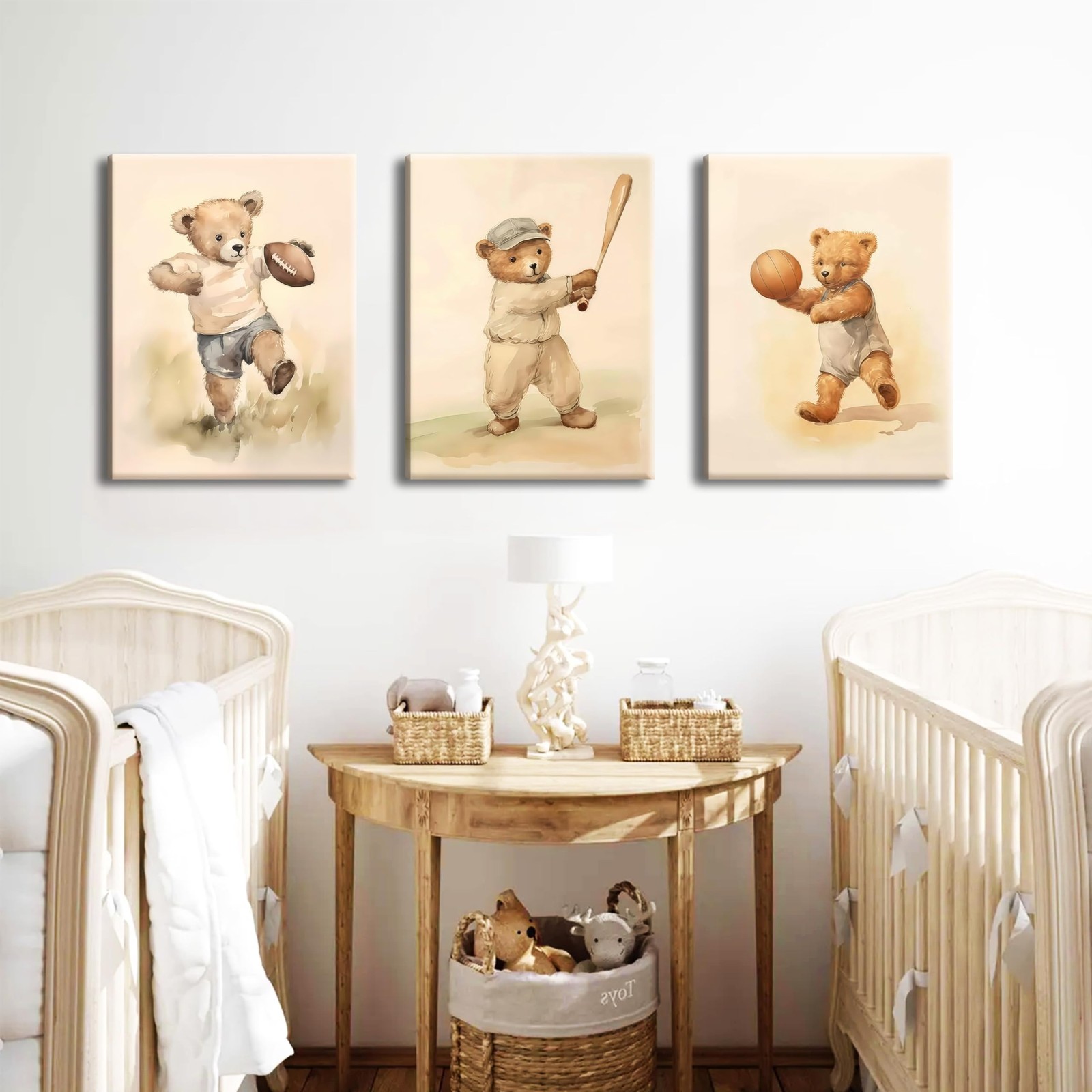 Bear Rugby Sports Nursery Canvas Wall Art Set of 3 – Cute Vintage Baby Bear P…