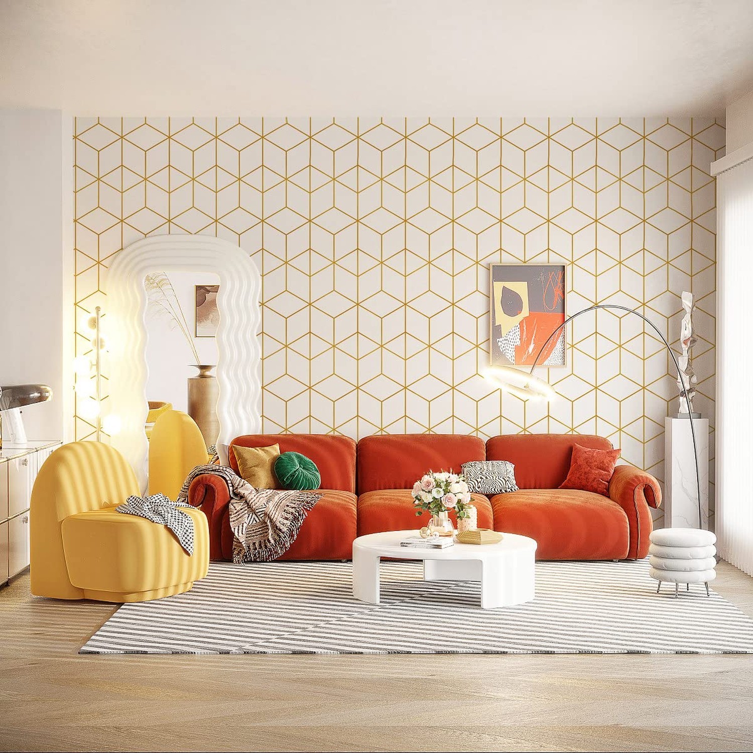 Safiyya 393"x17.3" Peel and Stick Wallpaper Gold and White Contact Paper Geom…