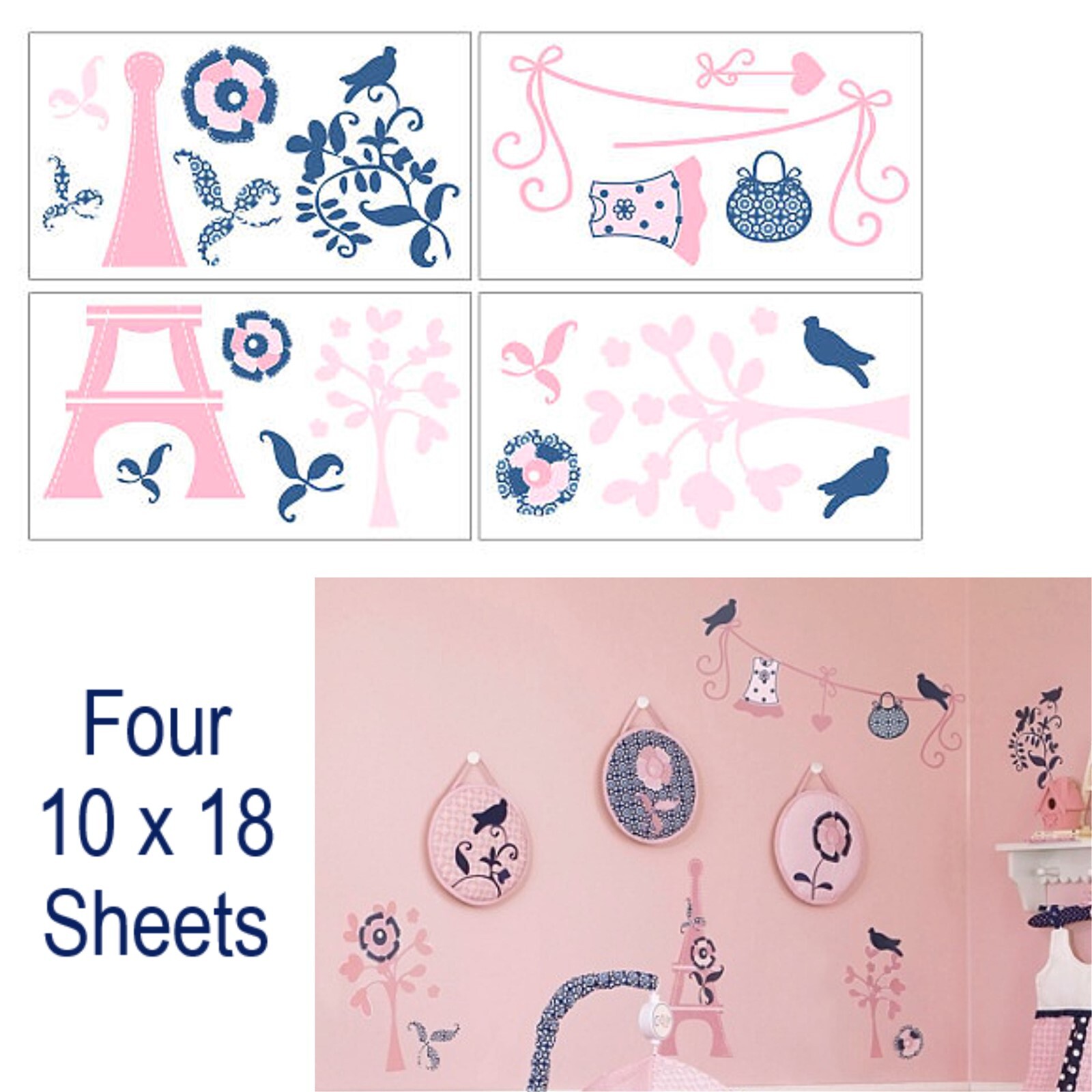 CoCaLo MADISON Wall Decals Pink Blue Girl Nursery Paris Eiffel Tower Birds Dress