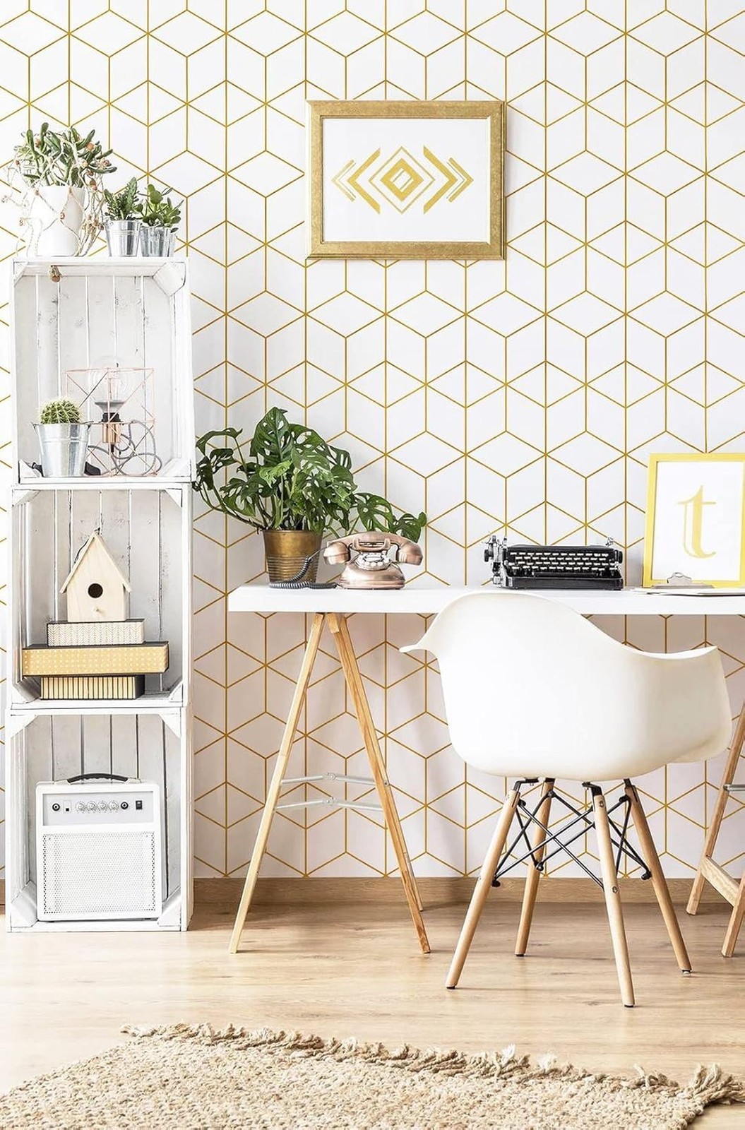 Safiyya 393"x17.3" Peel and Stick Wallpaper Gold and White Contact Paper Geom…