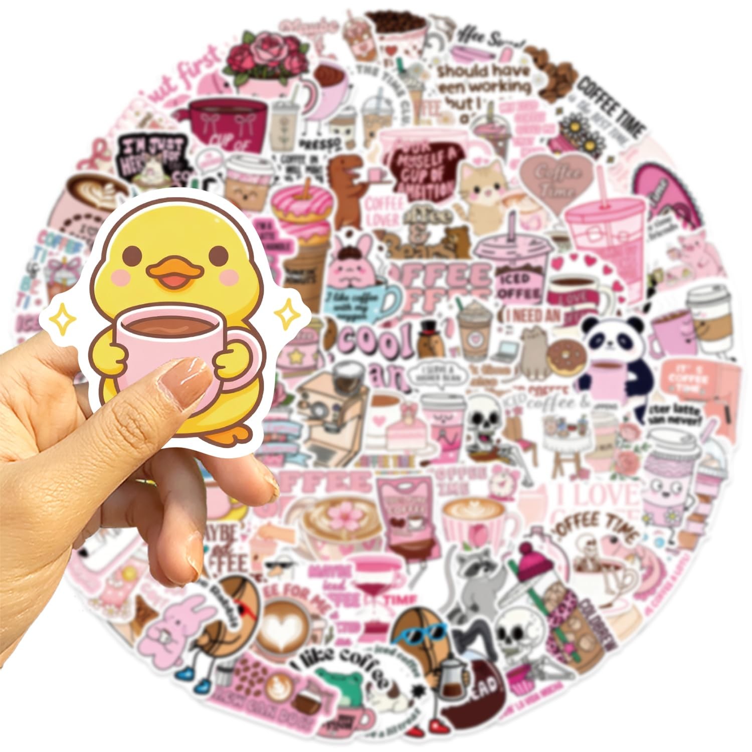100PCS Funny Coffee Stickers, Waterproof Vinyl Decals for Water 1-3in, Pink
