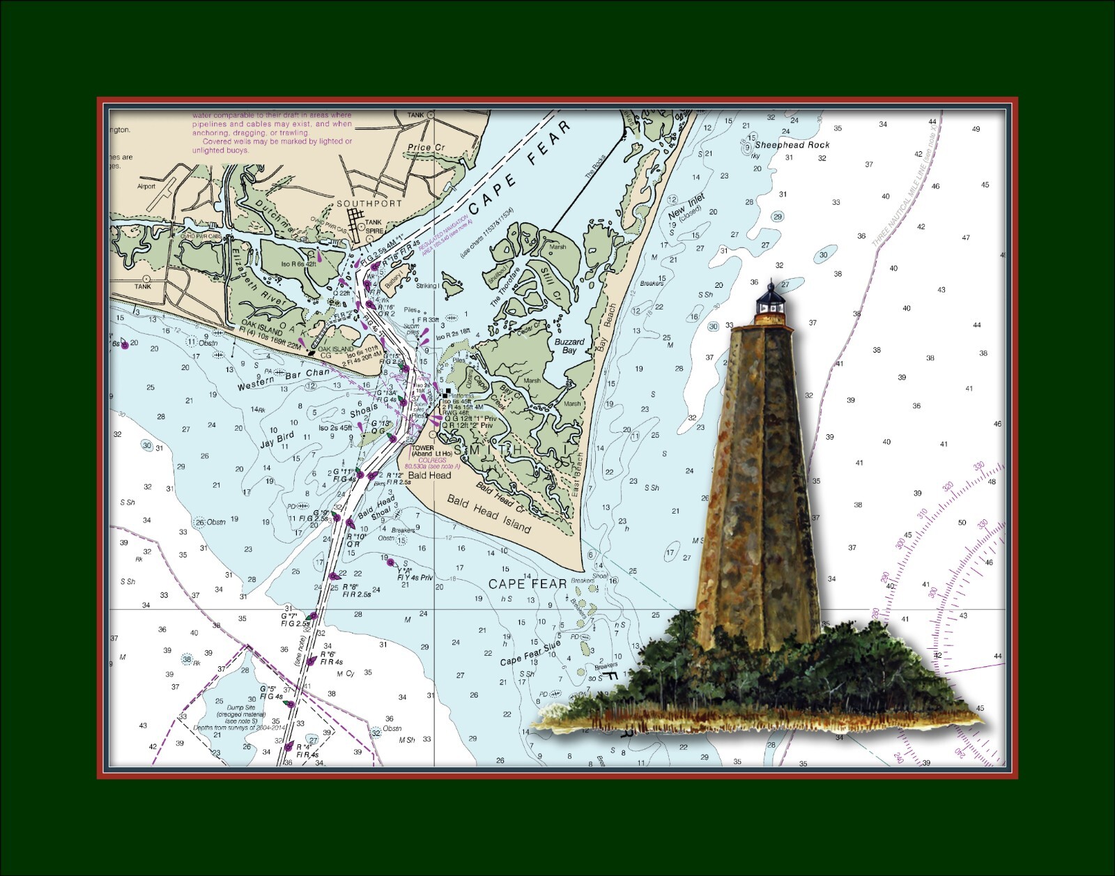Bald Head Island Lighthouse and Nautical Chart High Quality Canvas Print