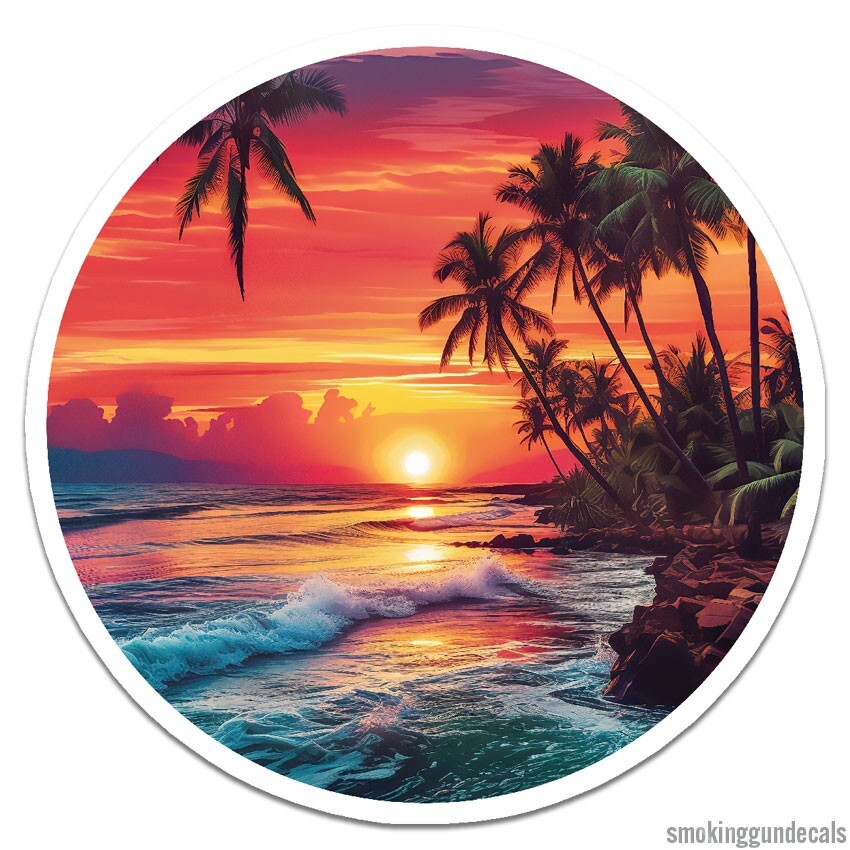 Palm Trees Beach Surf, Vinyl Decal Sticker, Indoor Outdoor, 3 Sizes, #9709