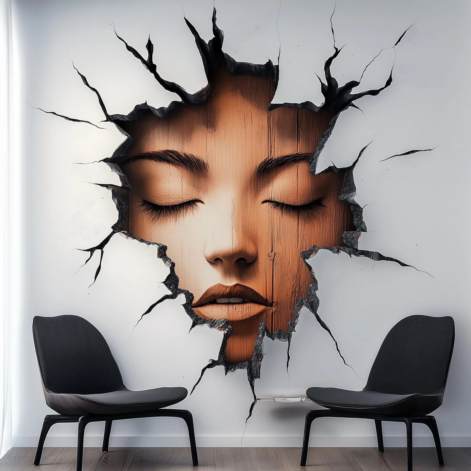 3D Cracked Wall Face Decal | Surreal Optical Illusion Wall Art