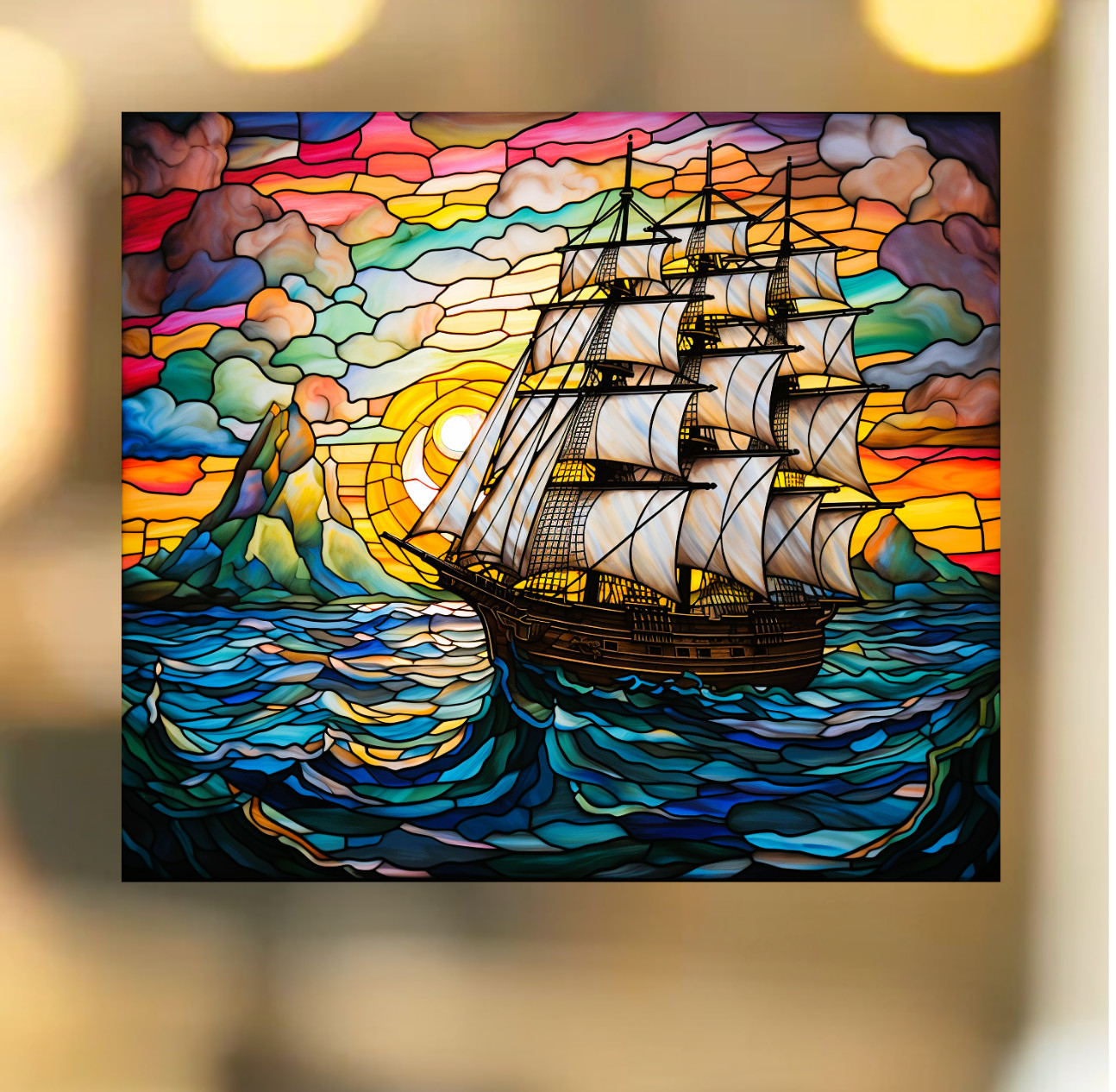 Sailing Ship at Sunset Faux Stained-Glass WINDOW CLING Size 9.1" Vinyl