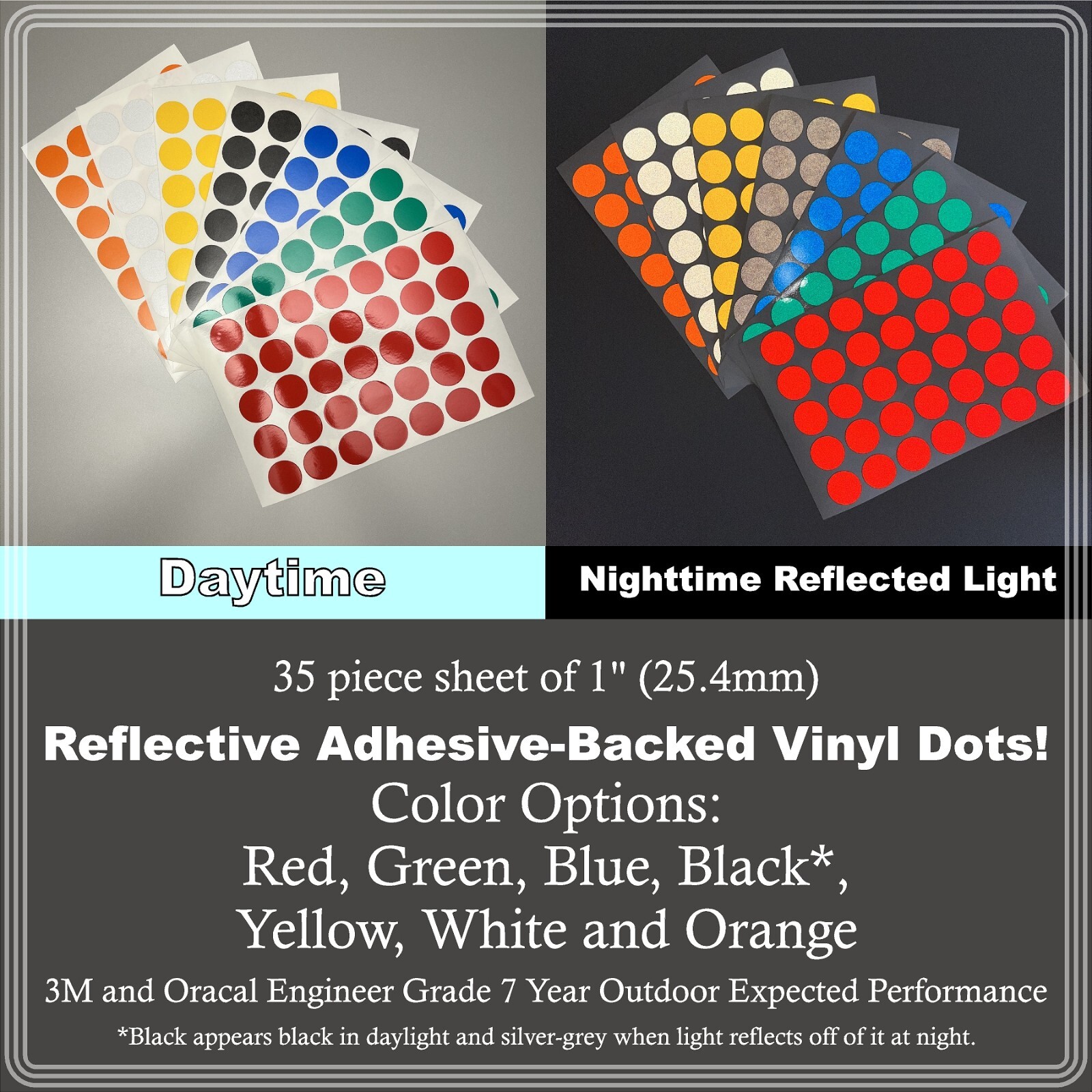1" (25.4mm) Reflective Adhesive Back Dots Sheets of 35 Stickers 7 Color Options