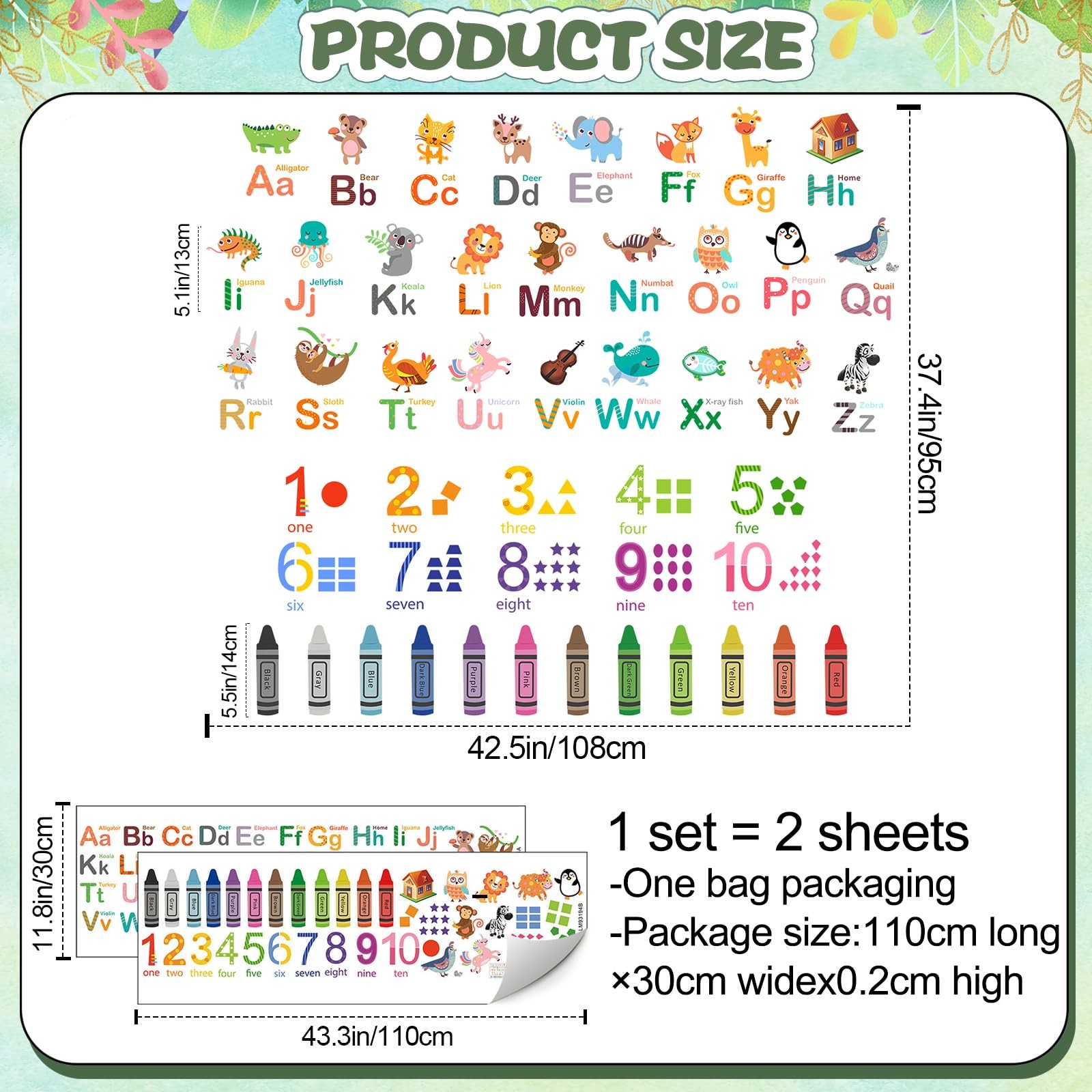 Animals Alphabet Numbers Wall Decals for Kids Room Colouring Pencils Wall Sti…