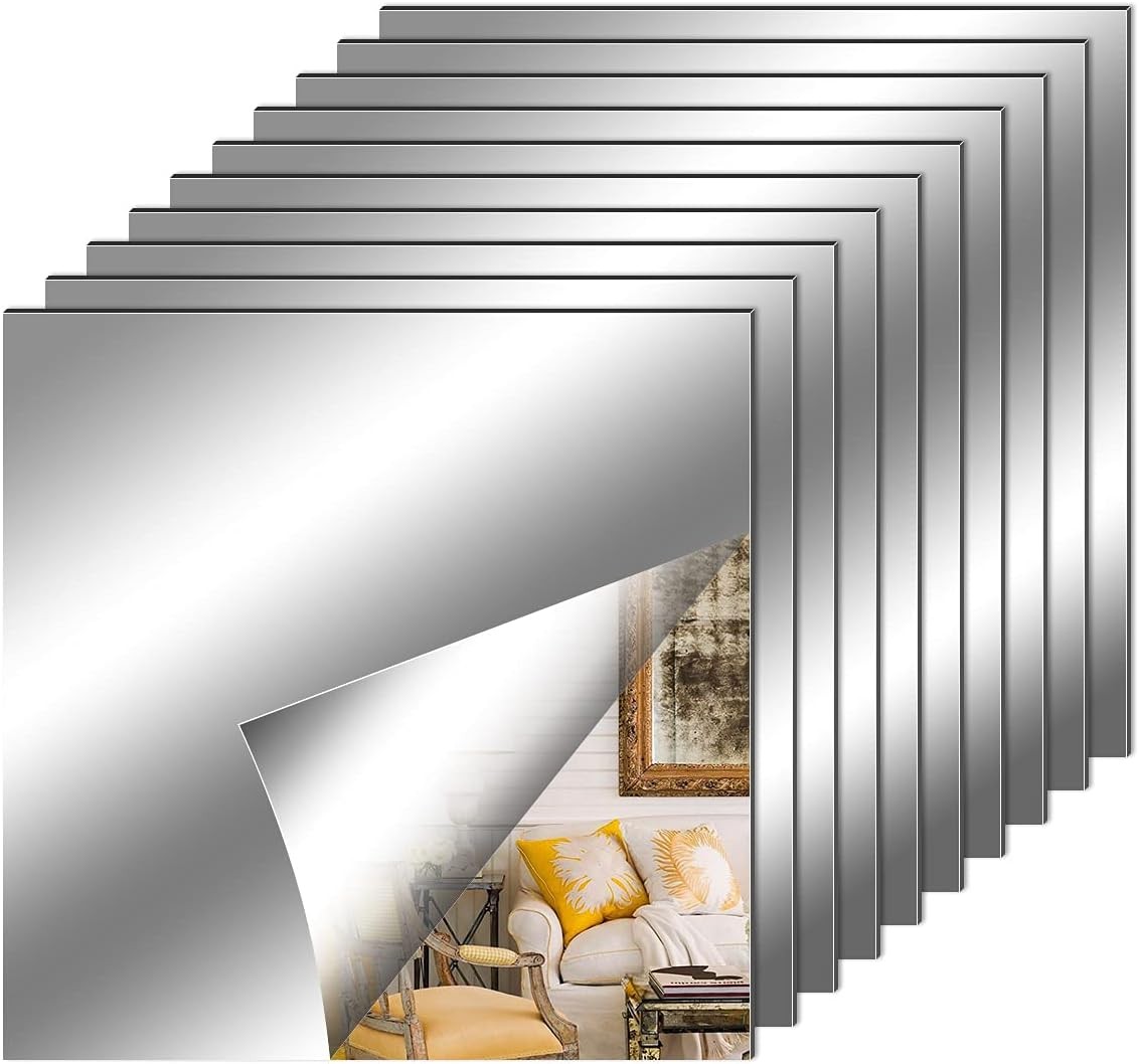 10 Pieces Flexible Mirror Sheets Self Adhesive Decorative Plastic Mirror Tiles