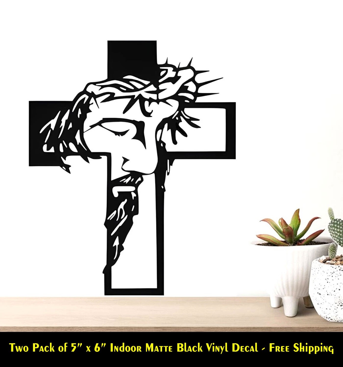 Jesus Crucifix Cross Two 6" x 5" Indoor Matte Black Vinyl Decal Wall Mirror Door