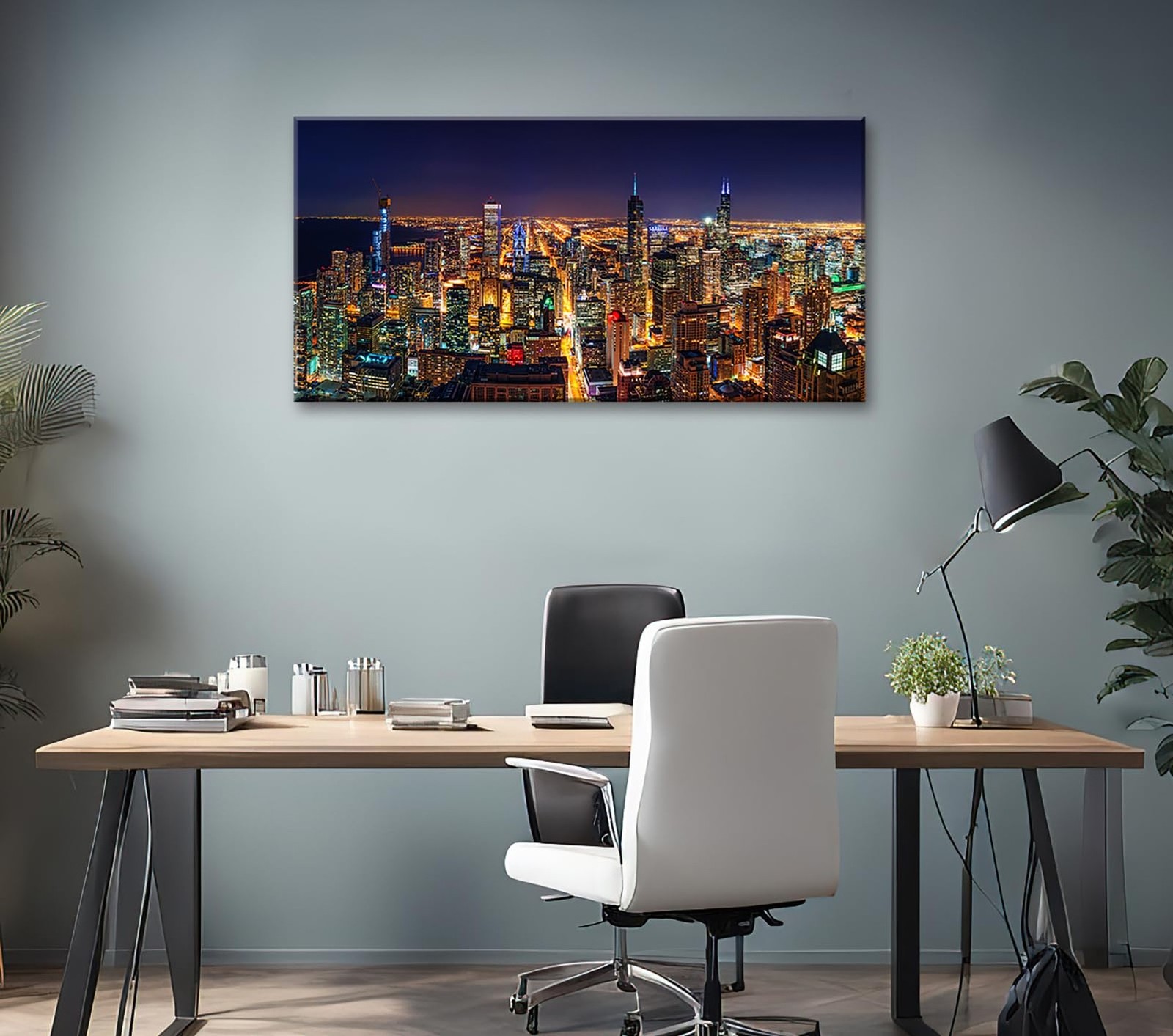Chicago Skyline Wall Art – Colorful Modern USA Downtown City Night View Canva…
