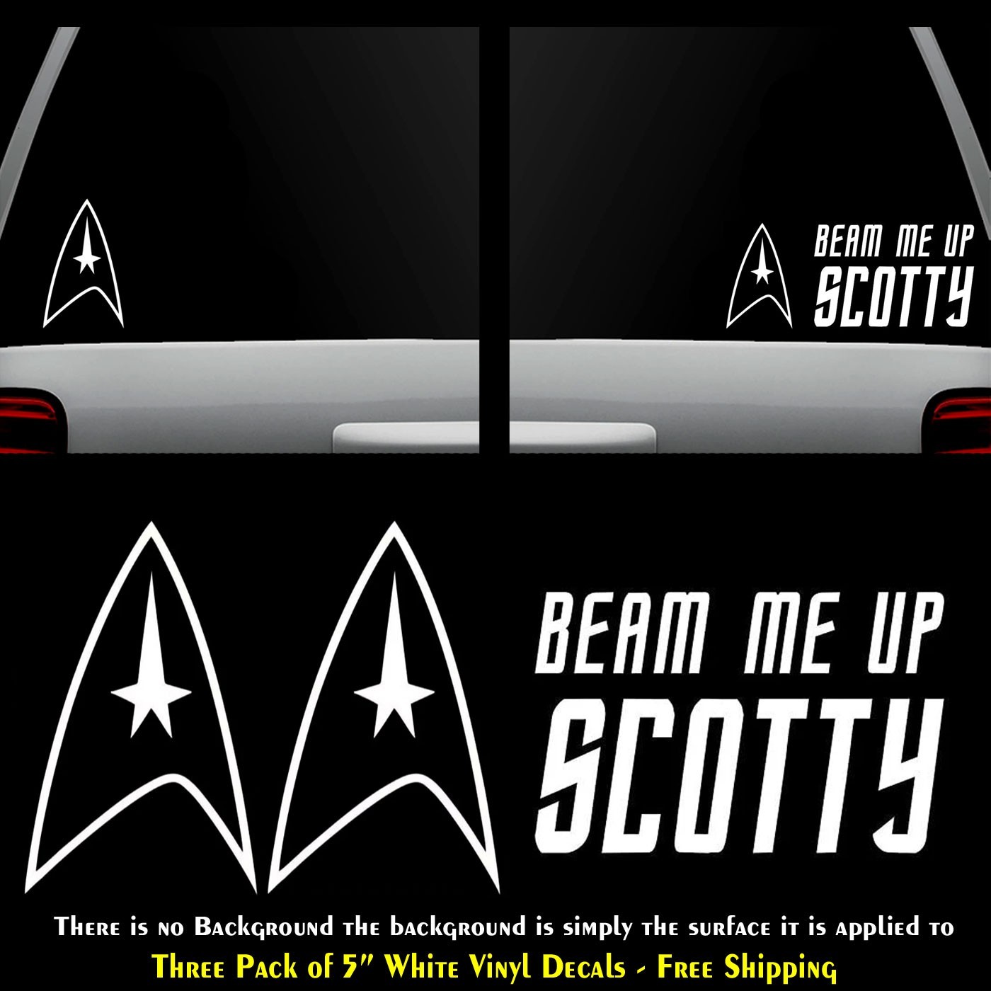 Star Trek Logo & Beam Me Up Scotty 3 Pack of 5" White Vinyl Decals Car Window