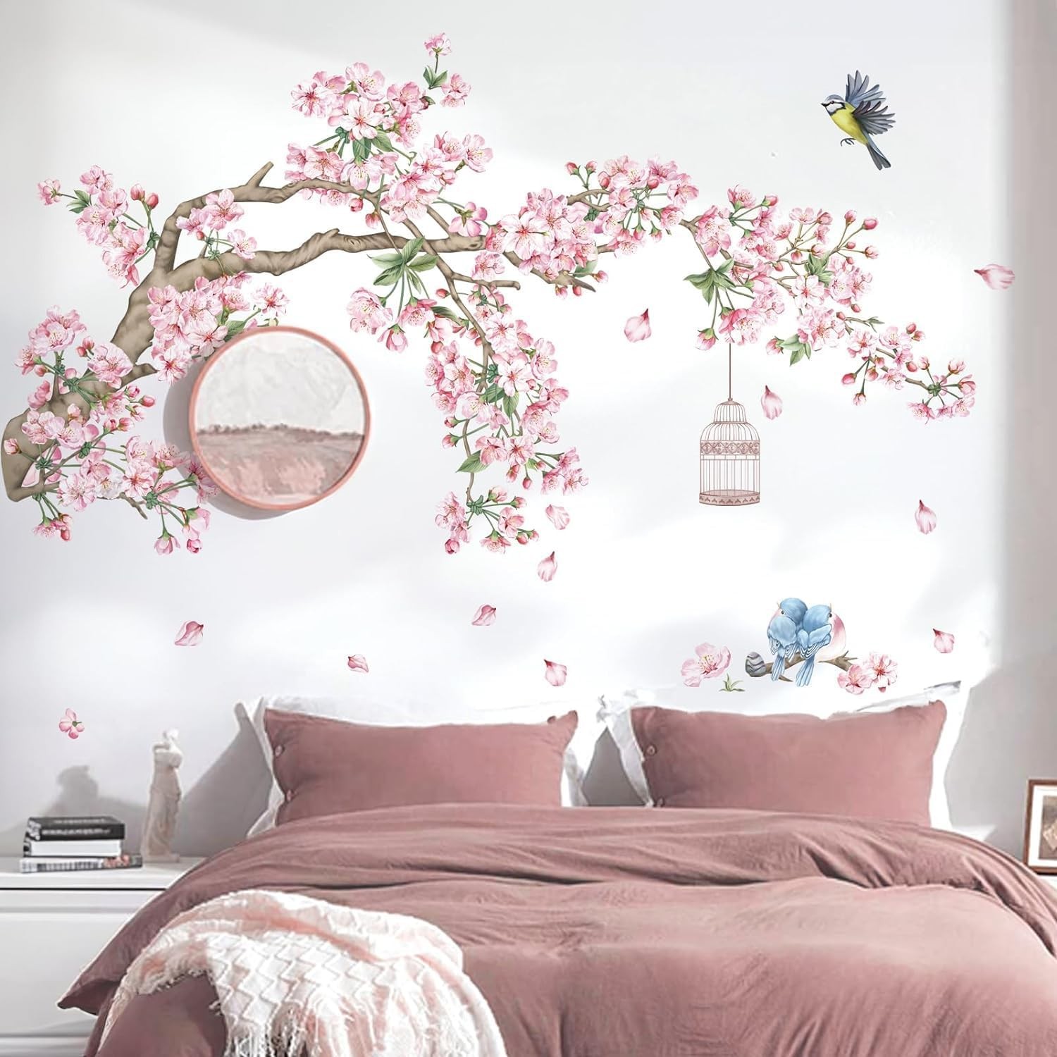 decalmile Cherry Blossom Tree Branch Wall Decals Pink Flower Birds Wall Stickers