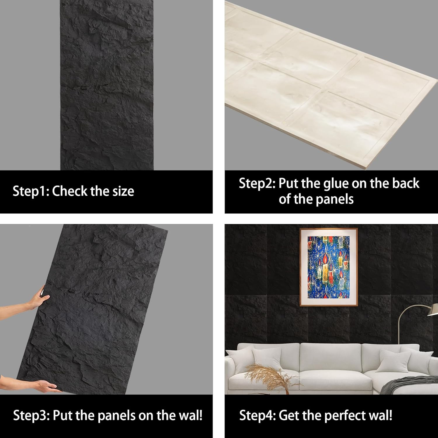 4-Pack 3D Faux Stone Wall Panels – Dark Black Waterproof Decor Tiles