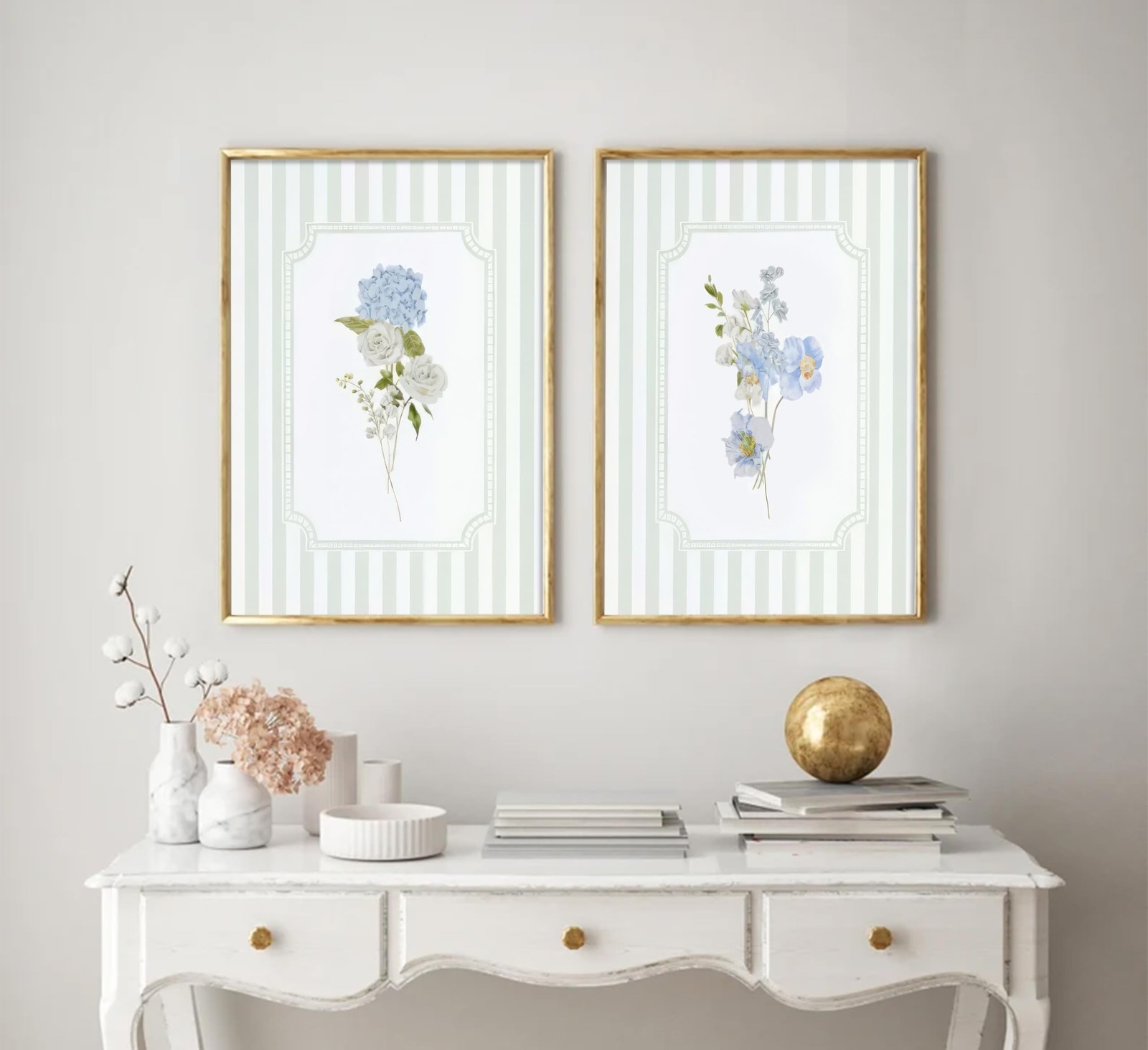 Blue White Florals Wall Art Sage Green Striped Hydrangea Pictures Wall Decor …