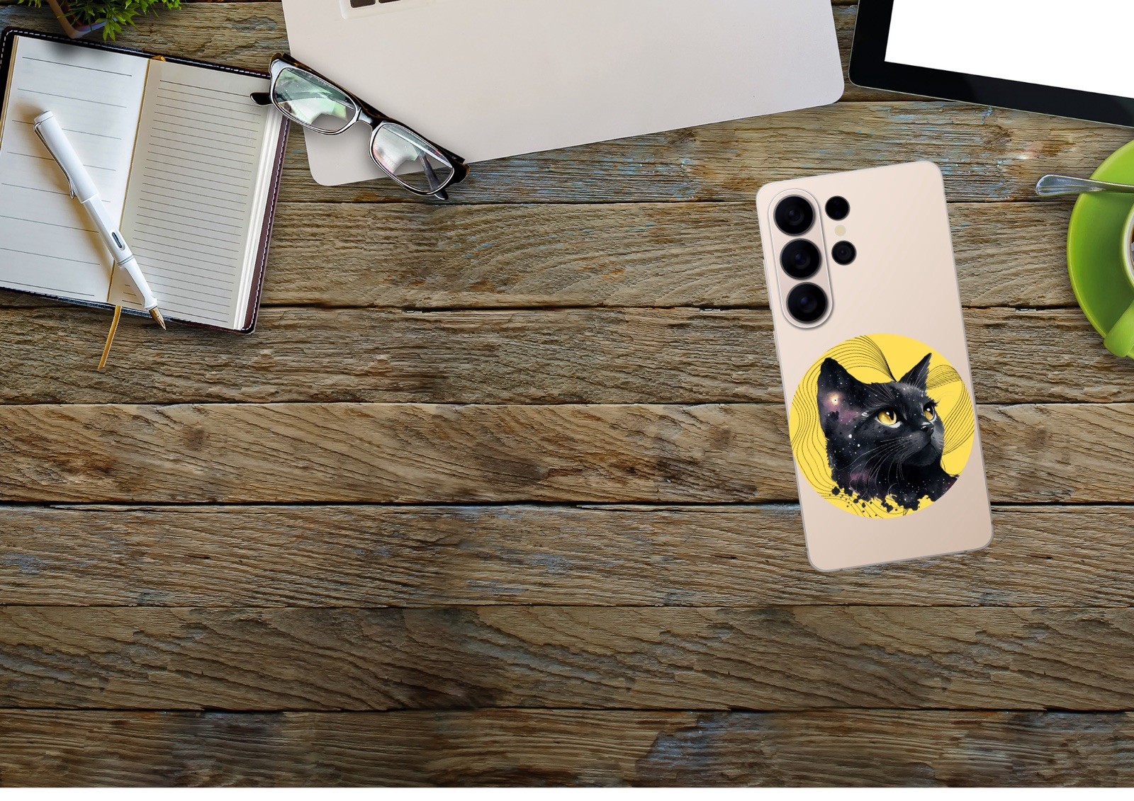 tacky ART sticks Vinyl Round Cat Sticker 3in Yellow Black Self-Adhesive Glossy