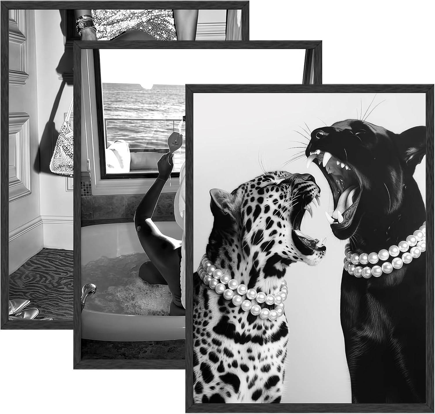 3 Pcs Fashion Leopard Print Posters Paintings Funny Woman Drinking in Bathtub Pa