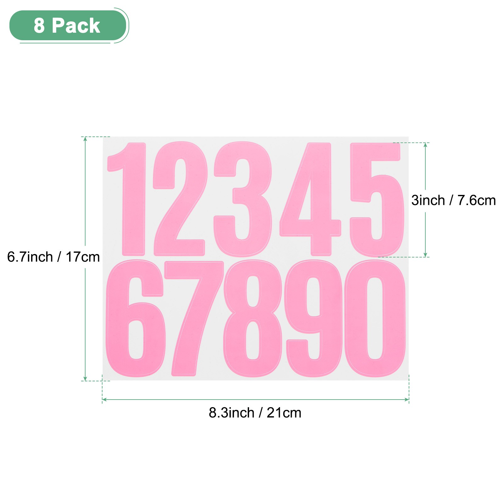 8 Sheets Numeric Stickers 3" Vinyl Stickers with Numbers 0 to 9 [80pcs Pink]