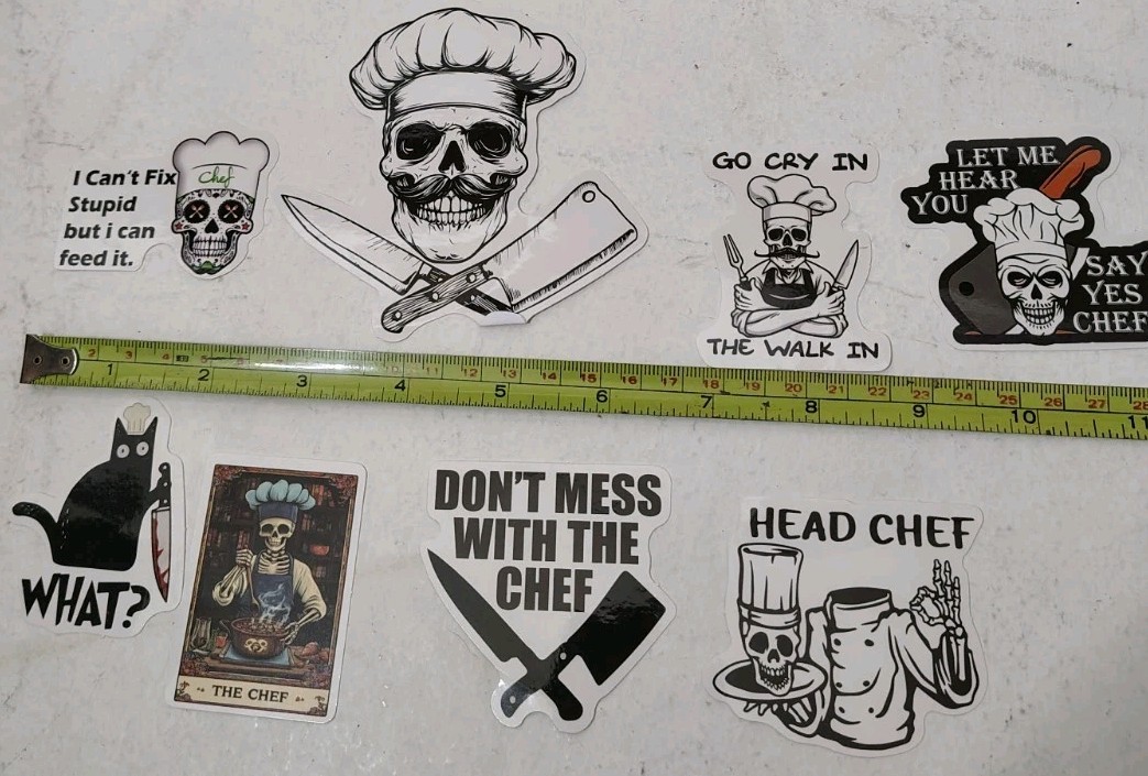 Set Of 8 Vinyl Chef Stickers Decals Skull Halloween Water Bottle Laptop Gift