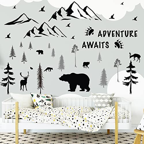 4 Sheets Mountain Wall Decal Rustic Nursery 11.8×9.5 Inch (Pack of 4) Black