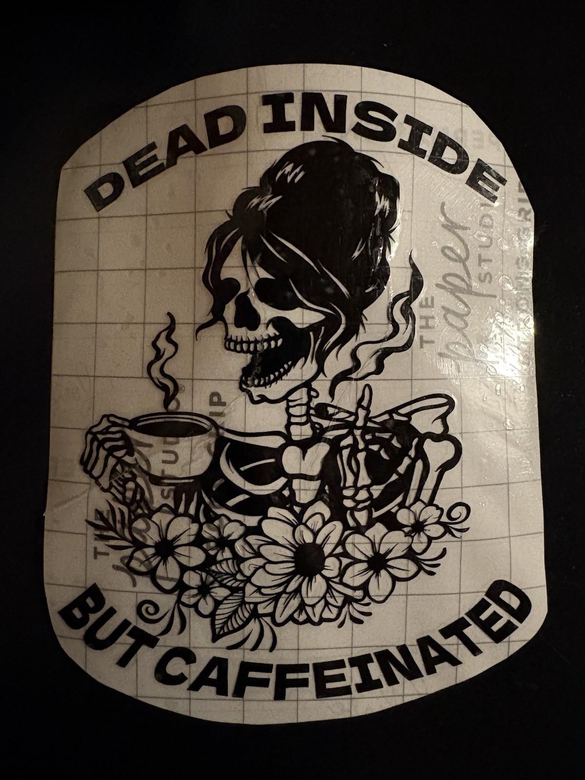 The Paper Studio Dead Inside But Caffeinated Skeleton Coffee Floral Vinyl Decal