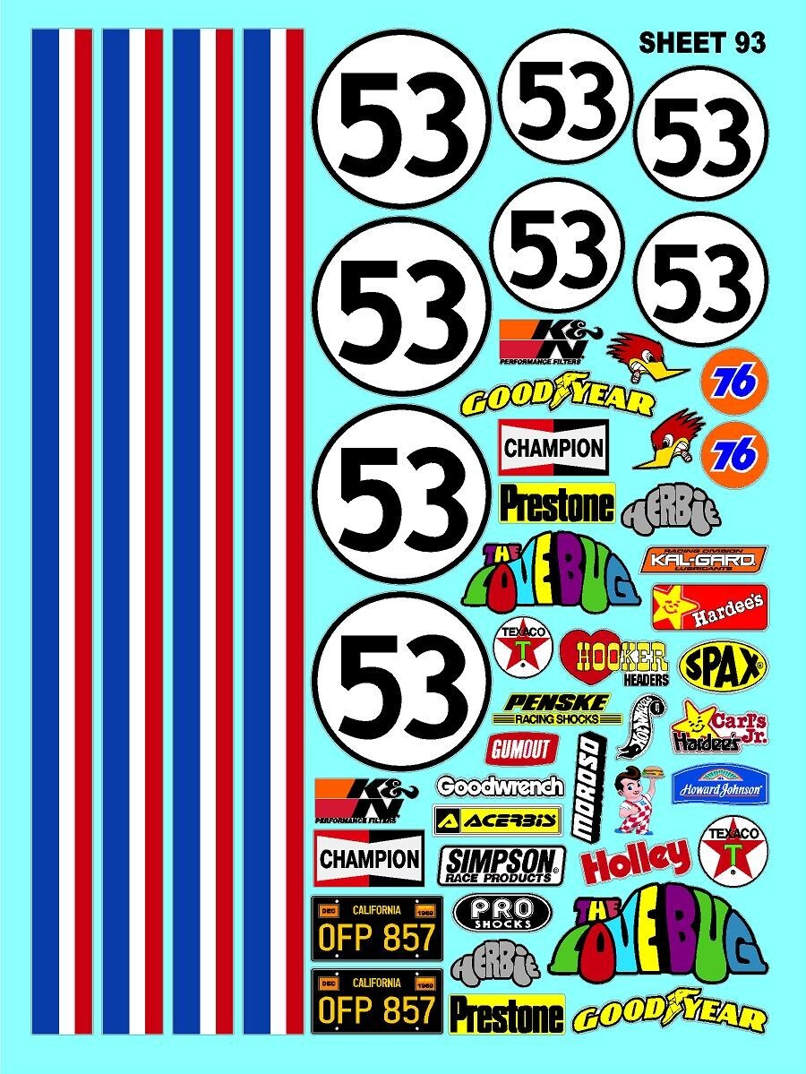 WHITE Vinyl Sticker Sheet 93 LOVEBUG-R/C MODEL Decal fits 1/10-1/16 Scale HERBIE