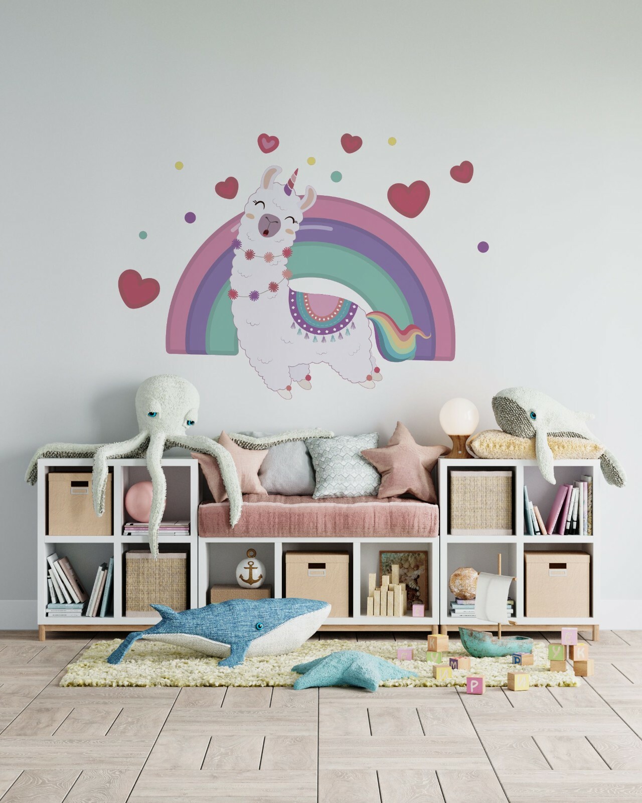 Kids Bedroom Multicolored Llama Rainbow Hearts Alpaca Design Vinyl Wall Decal