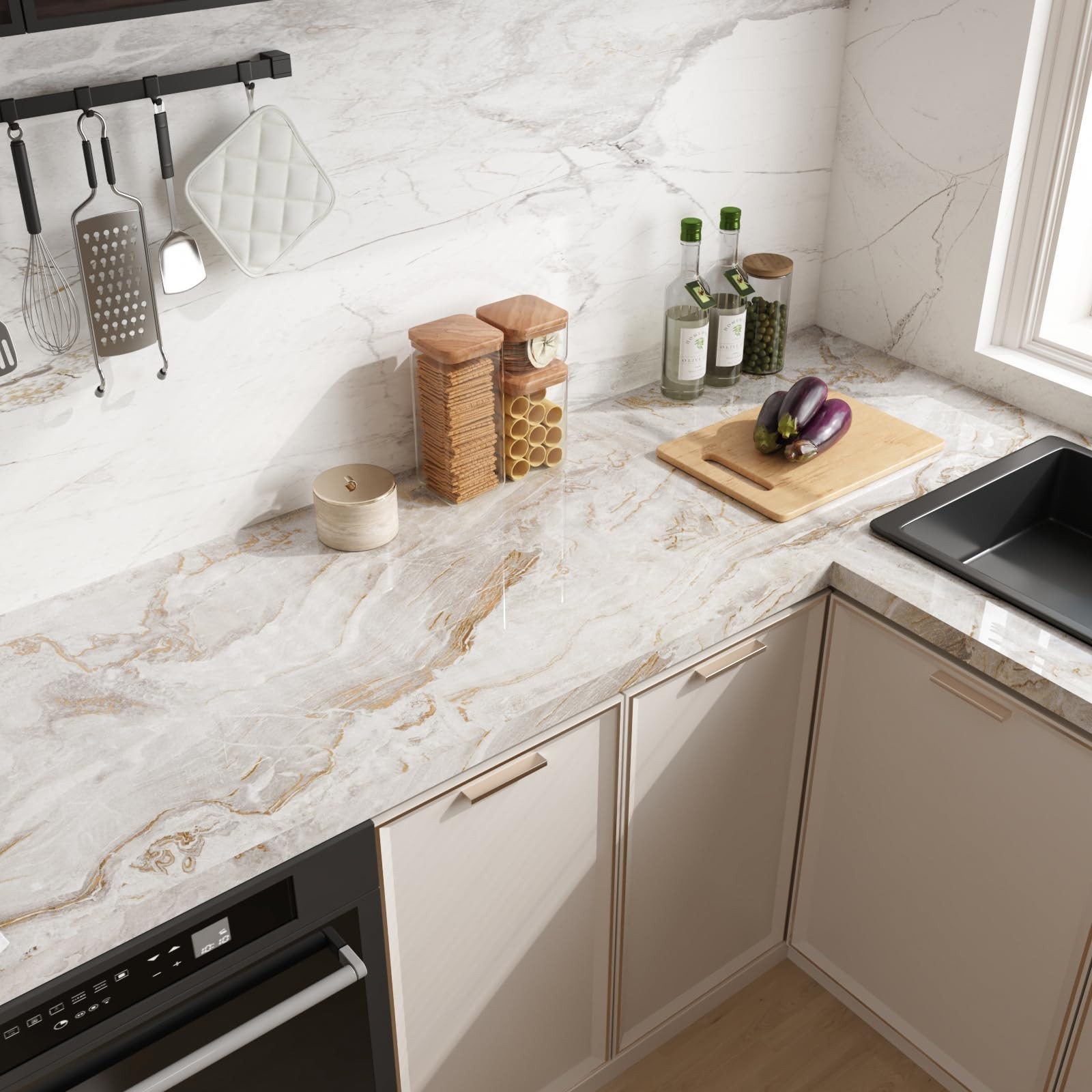 CRE8TIVE 24"x118" Beige Gold Marble Contact Paper for Countertops Waterproof …