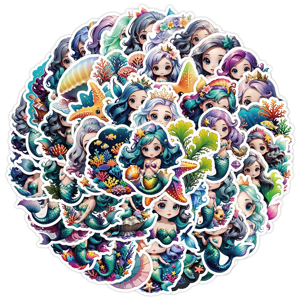 50 Pcs Stickers Cute Mermaid Luggage Skateboard Phone Laptop Bottle Window Car