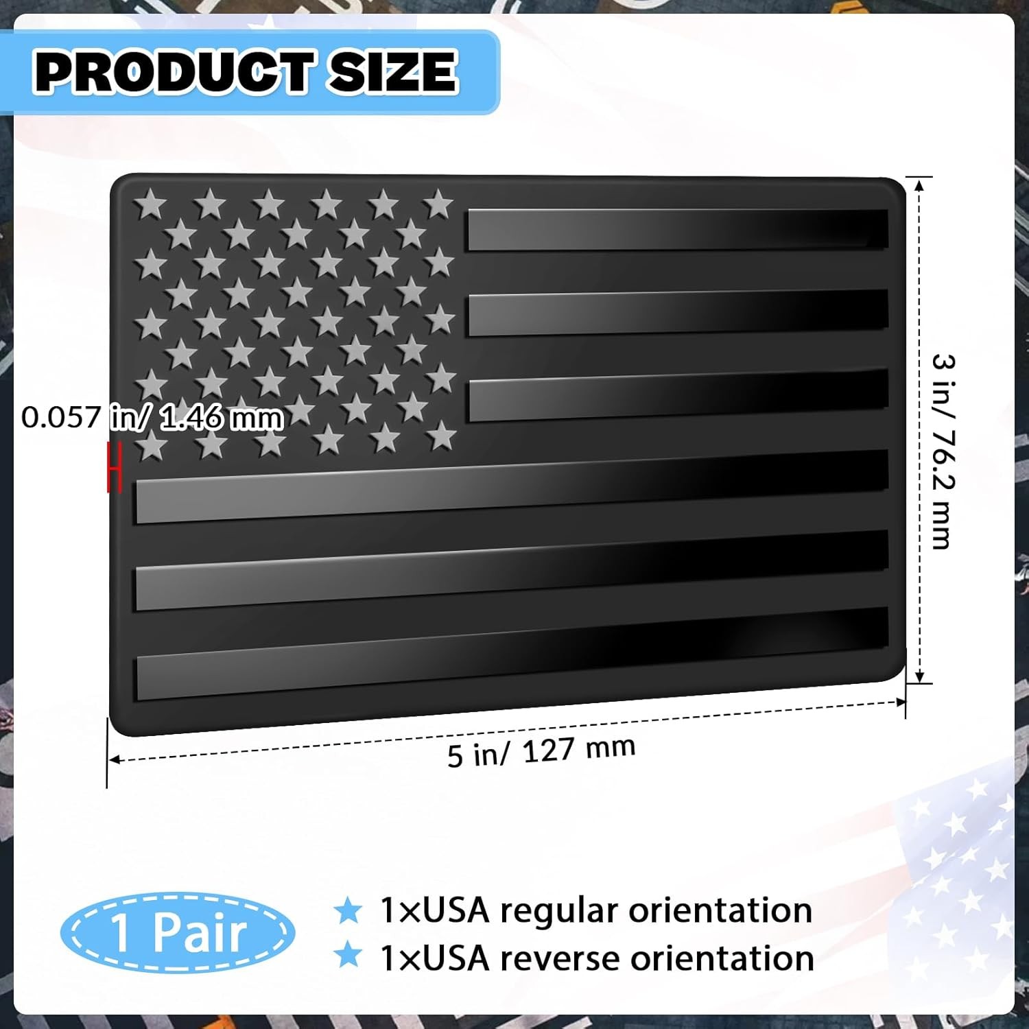 Metal Embossed American Flag Emblem Decal Stickers, 1 Pair Matte Black 5" x 3" C