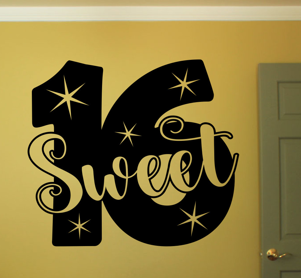 SWEET 16 LARGE WALL VINYL DECAL CUSTOM MADE DIE CUT REMOVABLE COLOR CHOICE STARS
