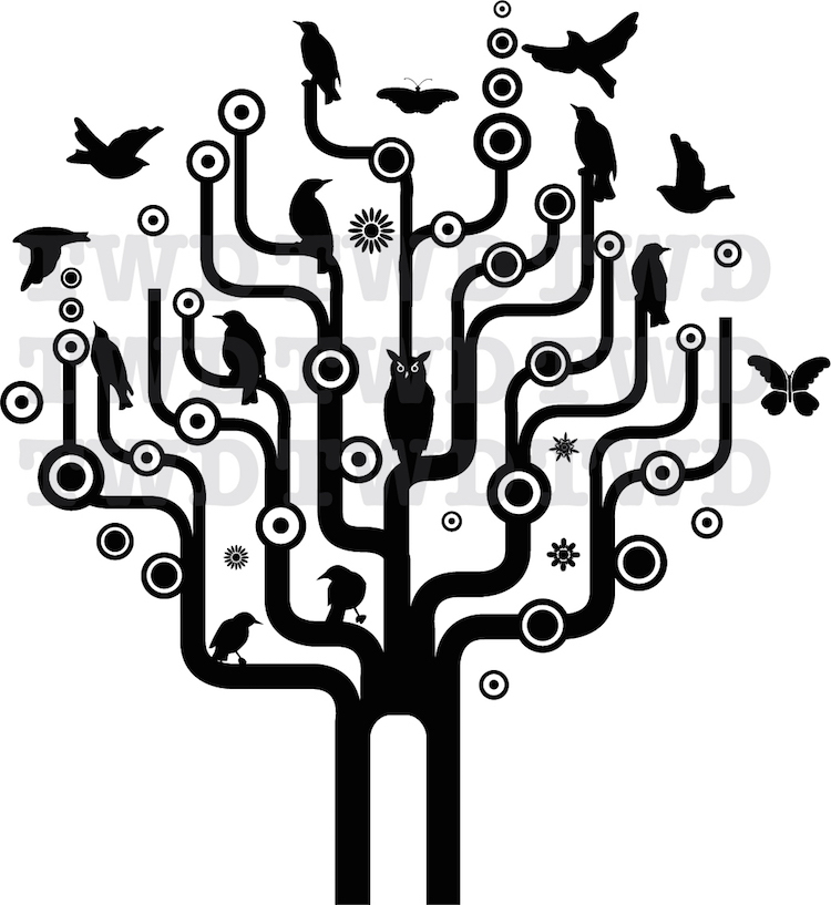 Urban Bird Tree Wall Art Design, Cool Tree And Bird Wall Vinyl, Artsy Tree, a14