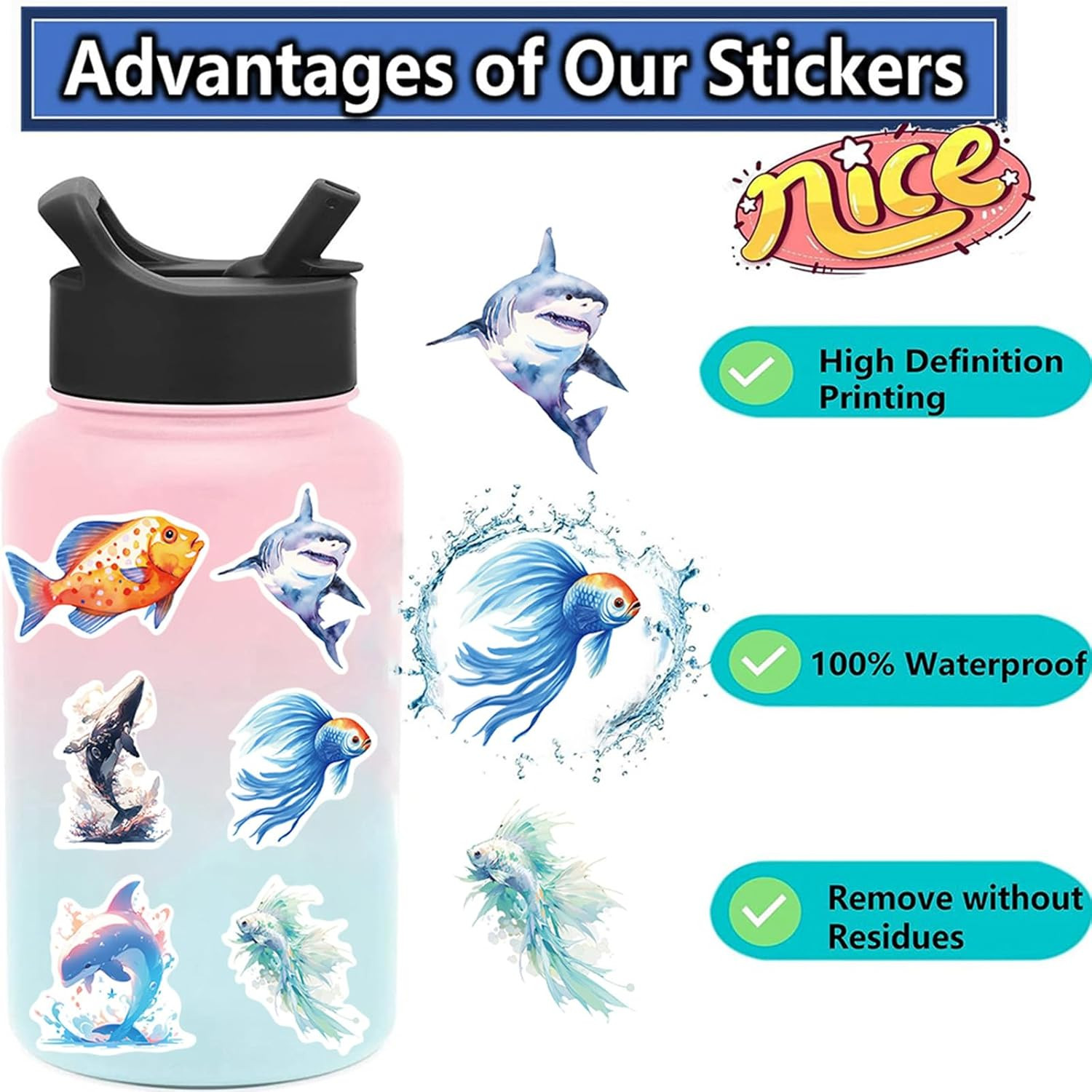 100PCS Ocean Animal Stickers for Kids Adults, Aesthetic Waterproof under the Sea