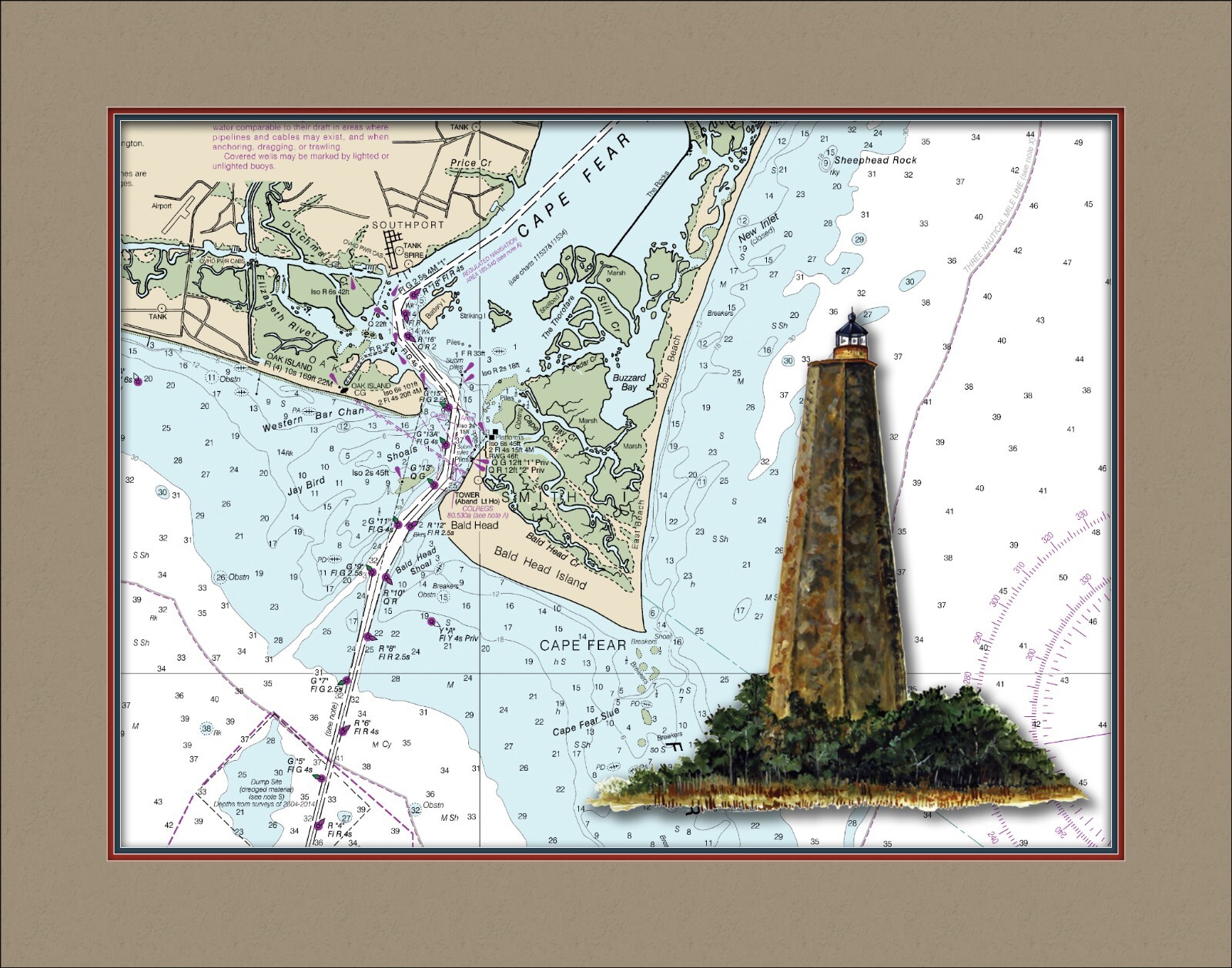 Bald Head Island Lighthouse and Nautical Chart High Quality Canvas Print
