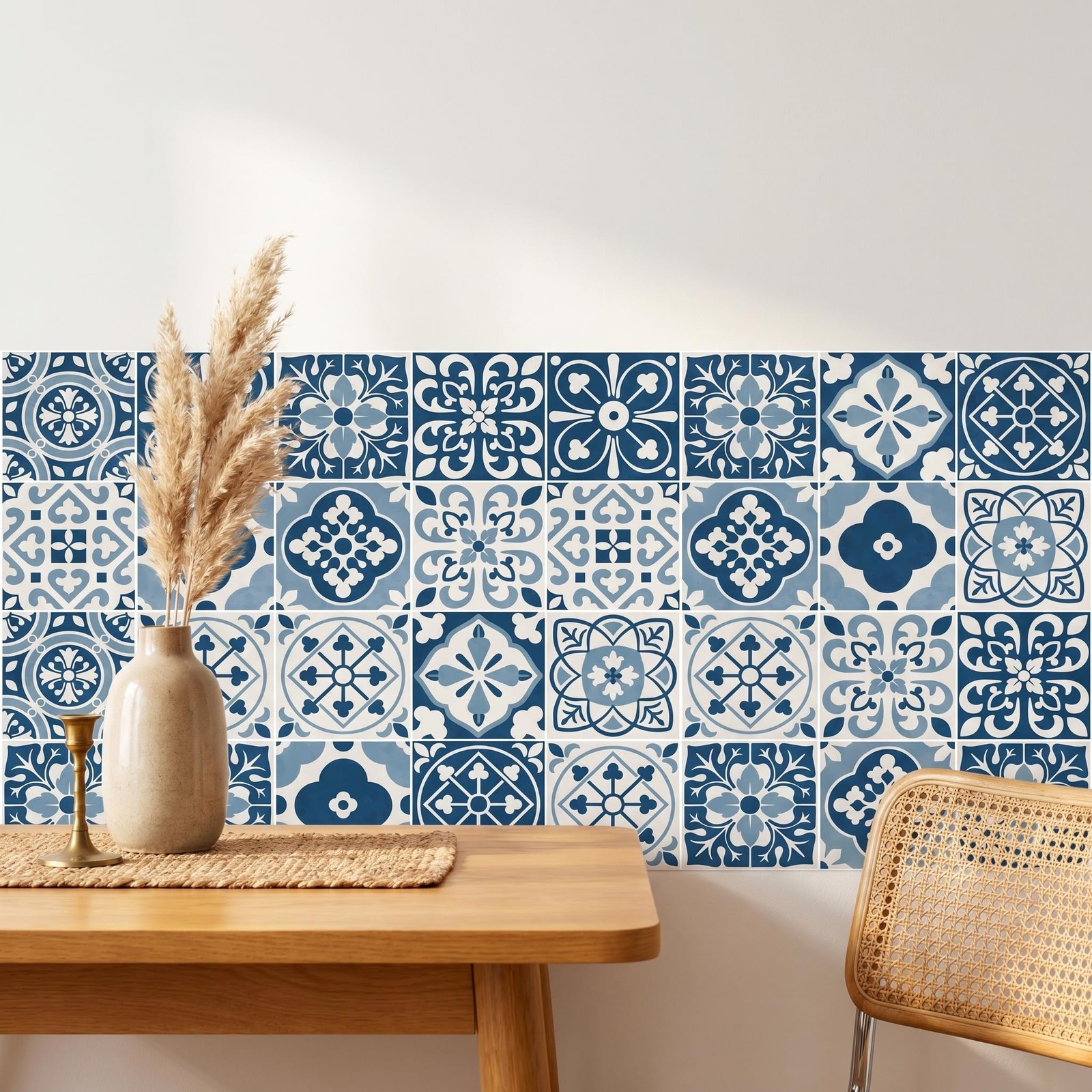 30 Pack Blue and White Peel and Stick Backsplash, 4×4 Inch Mediterranean Tile…