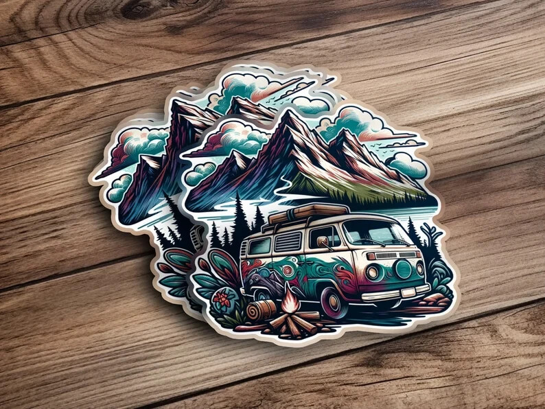 Van Life Mountain Sticker – Water-Resistant Camper Travel Decal, Outdoor Scenery
