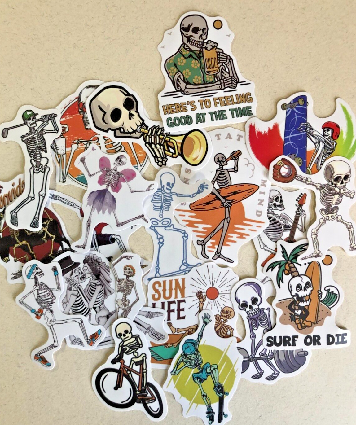 Surf's Up Skeletons Stickers – Handmade, Vinyl Waterproof Set of 20