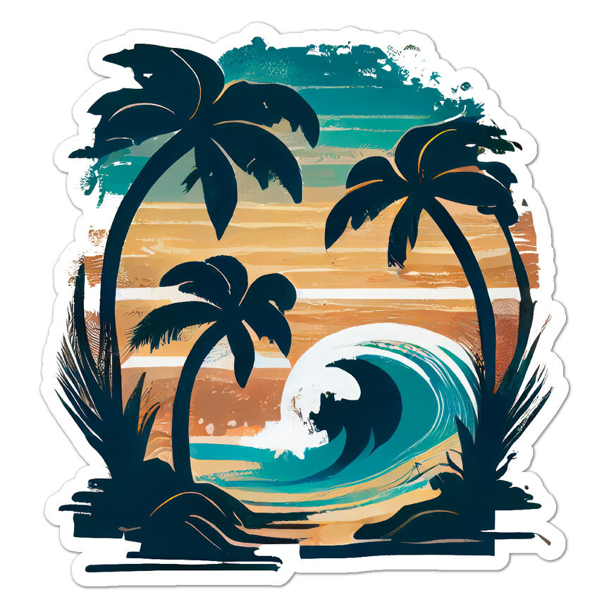Beach Surf Palms, Vinyl Decal Sticker, Indoor Outdoor, 3 Sizes, #9796